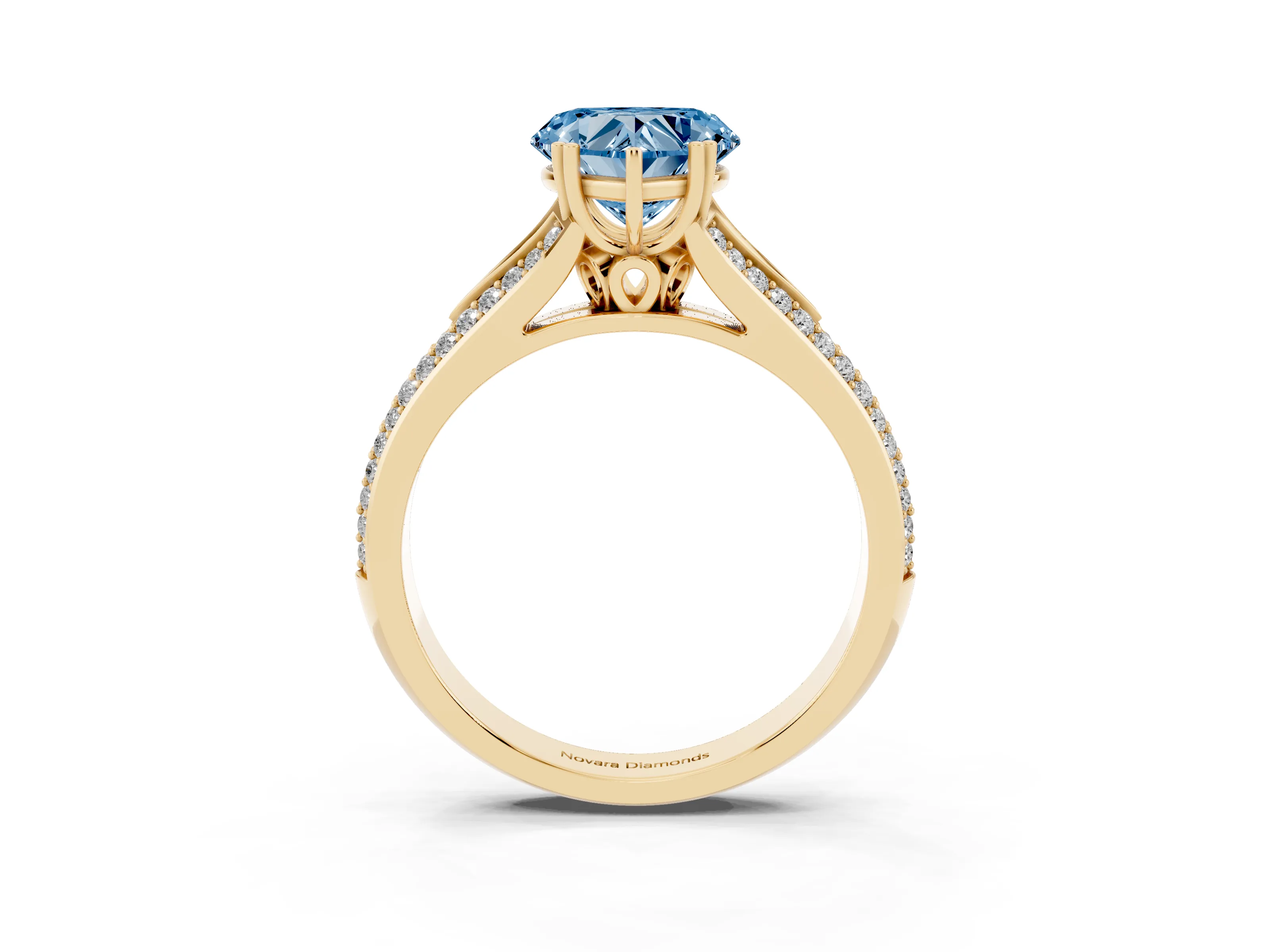 Fancy Blue Heart Cut Diamond Split Shank Pavé Engagement Ring Set in Yellow gold with Prong-Set Center Stone