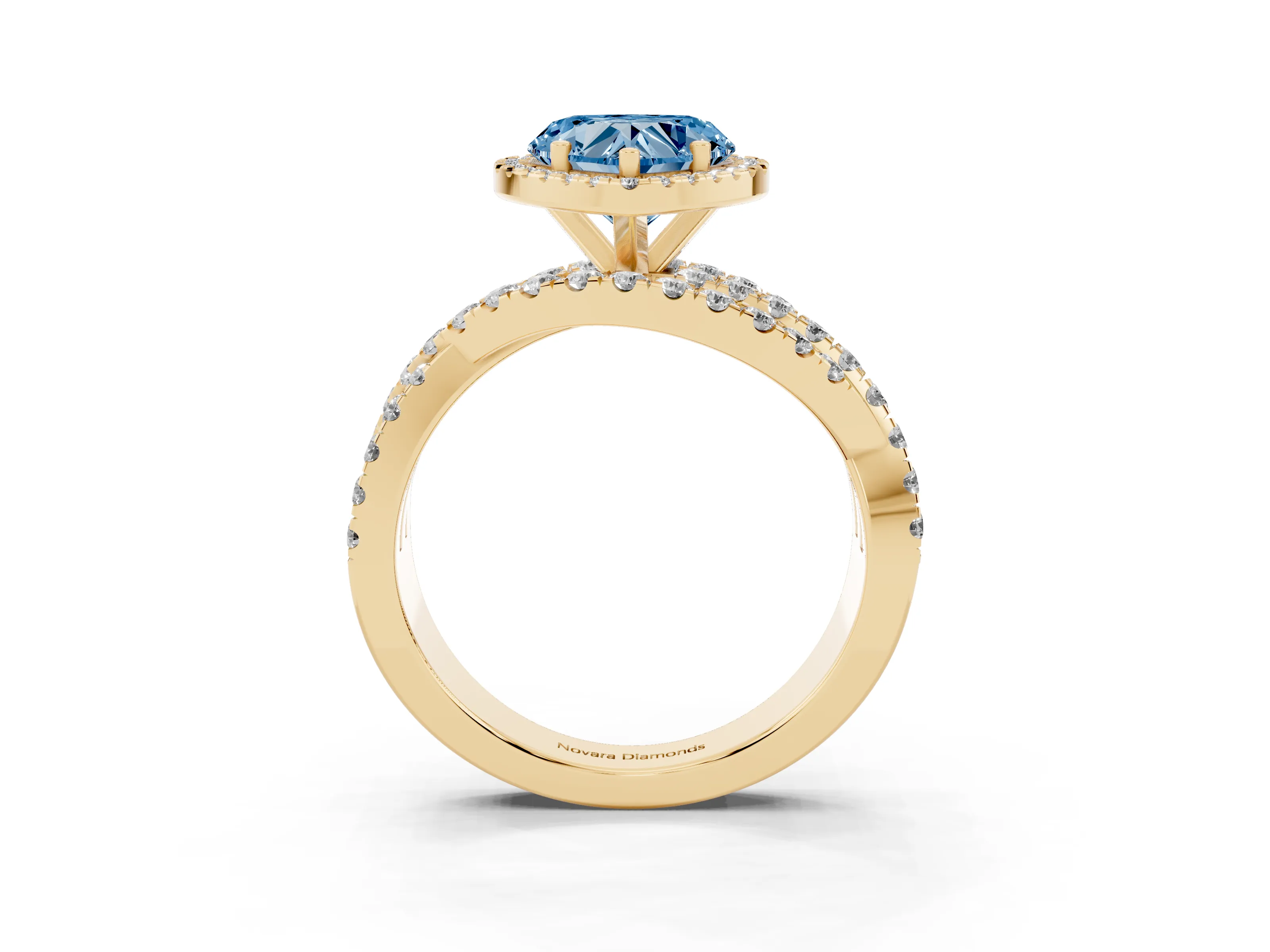 Fancy Blue Heart Cut Diamond Halo Ring Set in Yellow gold with Round Crossover Split Shank and Prong Setting