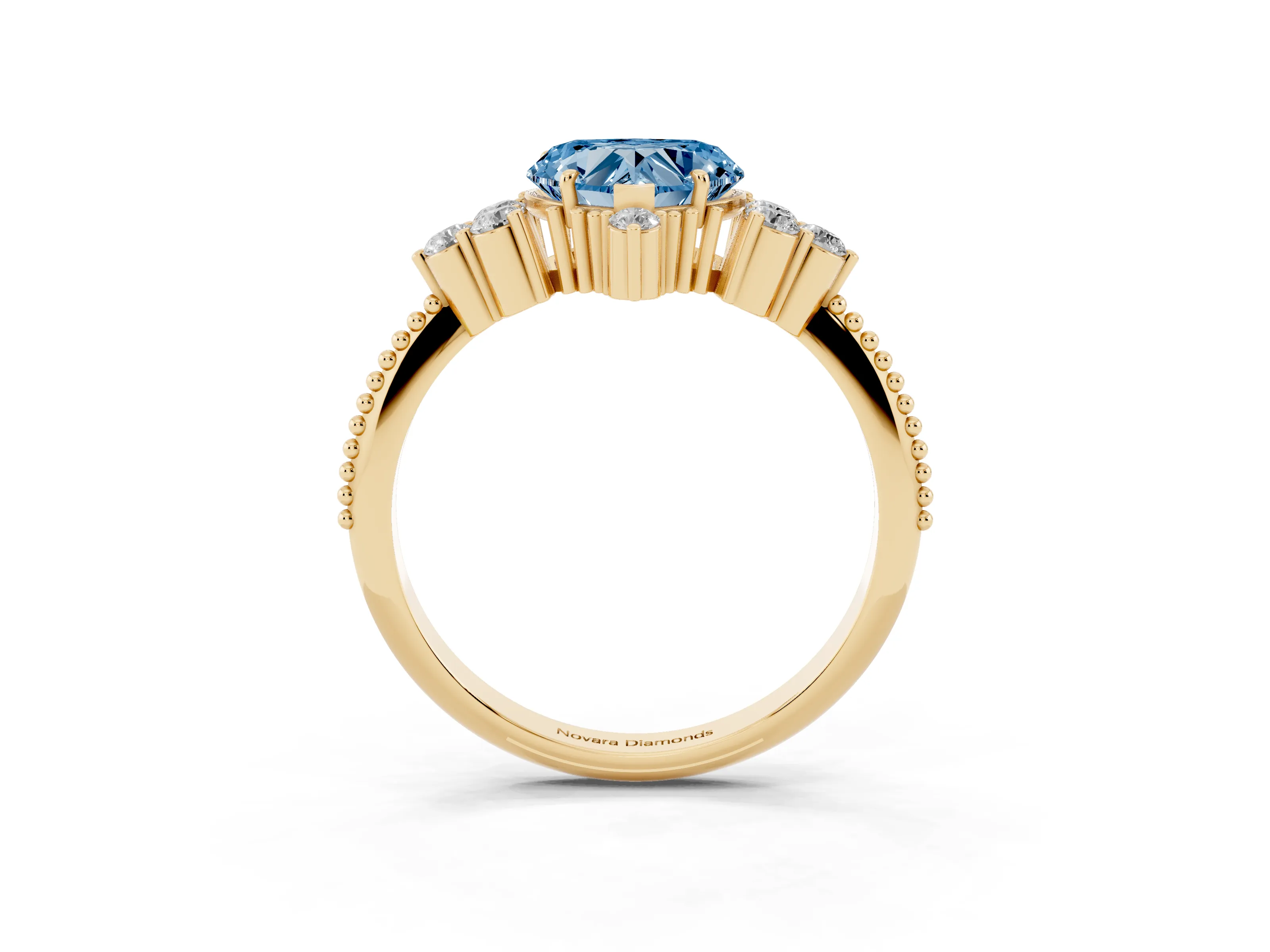 Fancy Blue Heart Cut Diamond Cluster Ring Set in Yellow gold with Beaded Band