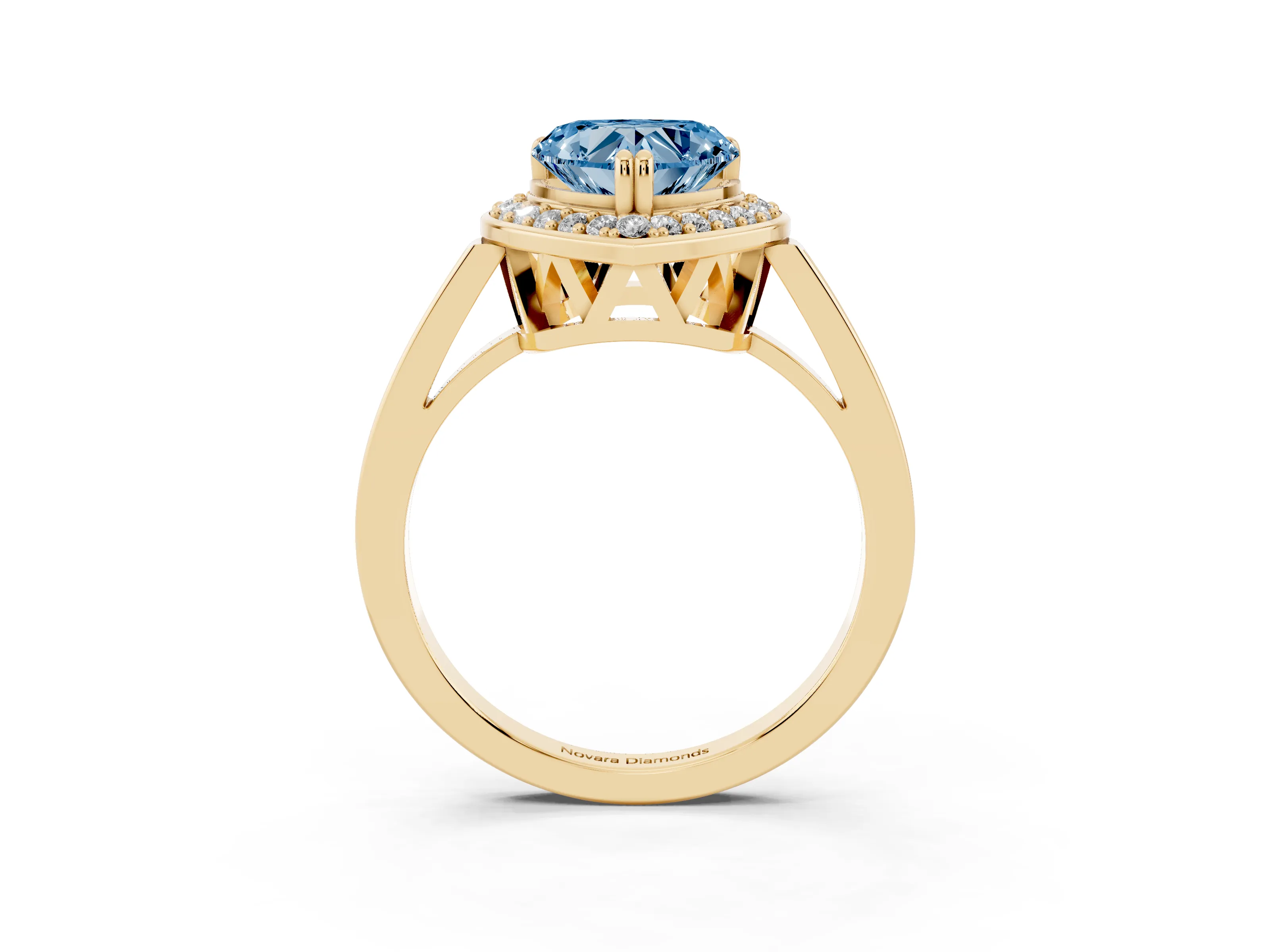 Fancy Blue Heart Cut Diamond Halo Ring Set in Yellow gold with Accent-Lined Split Shank and Prong Setting