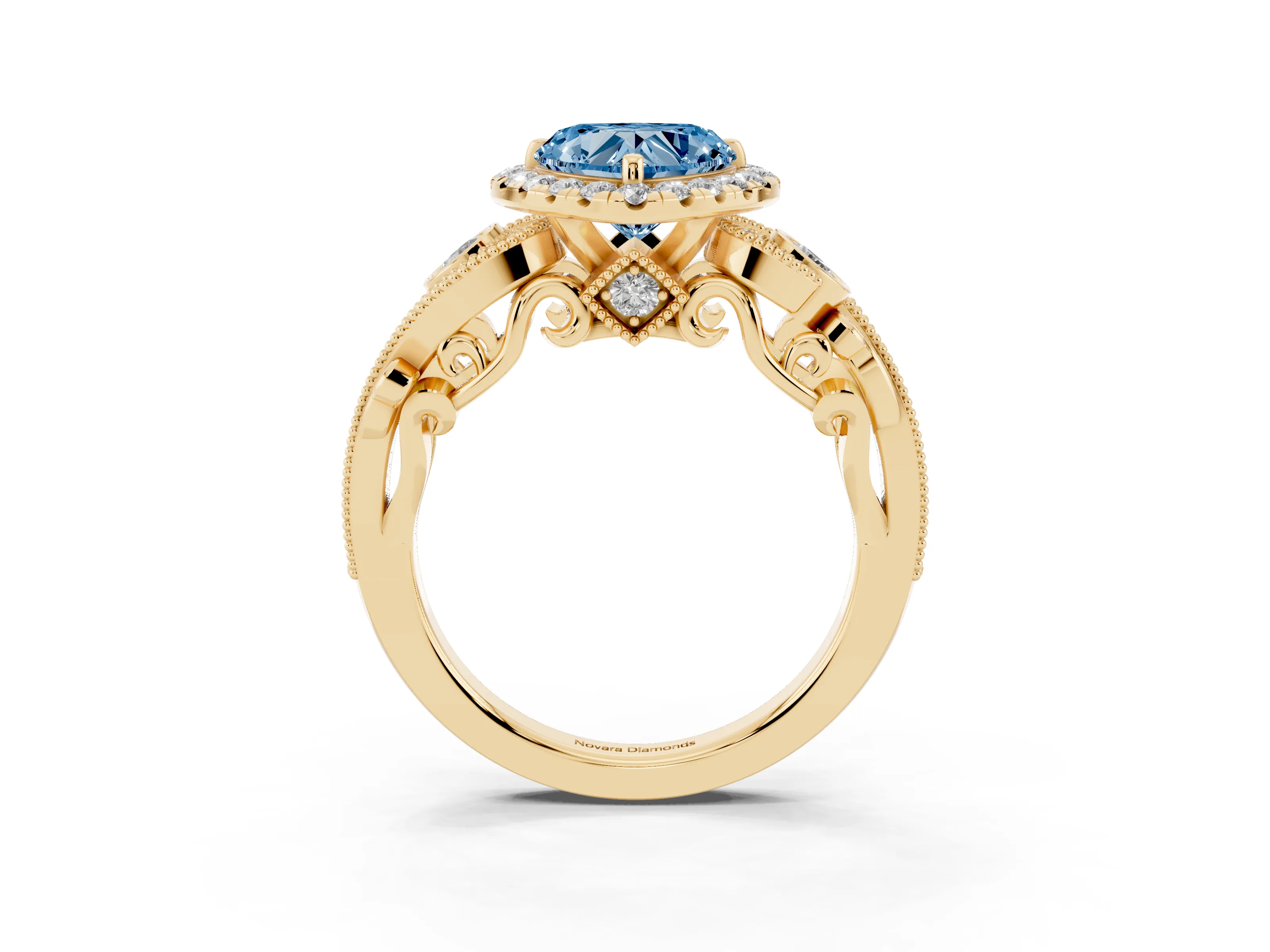 Fancy Blue Heart Cut Diamond Halo Ring Set in Yellow gold with Milgrain Pavé Band and Prong Setting