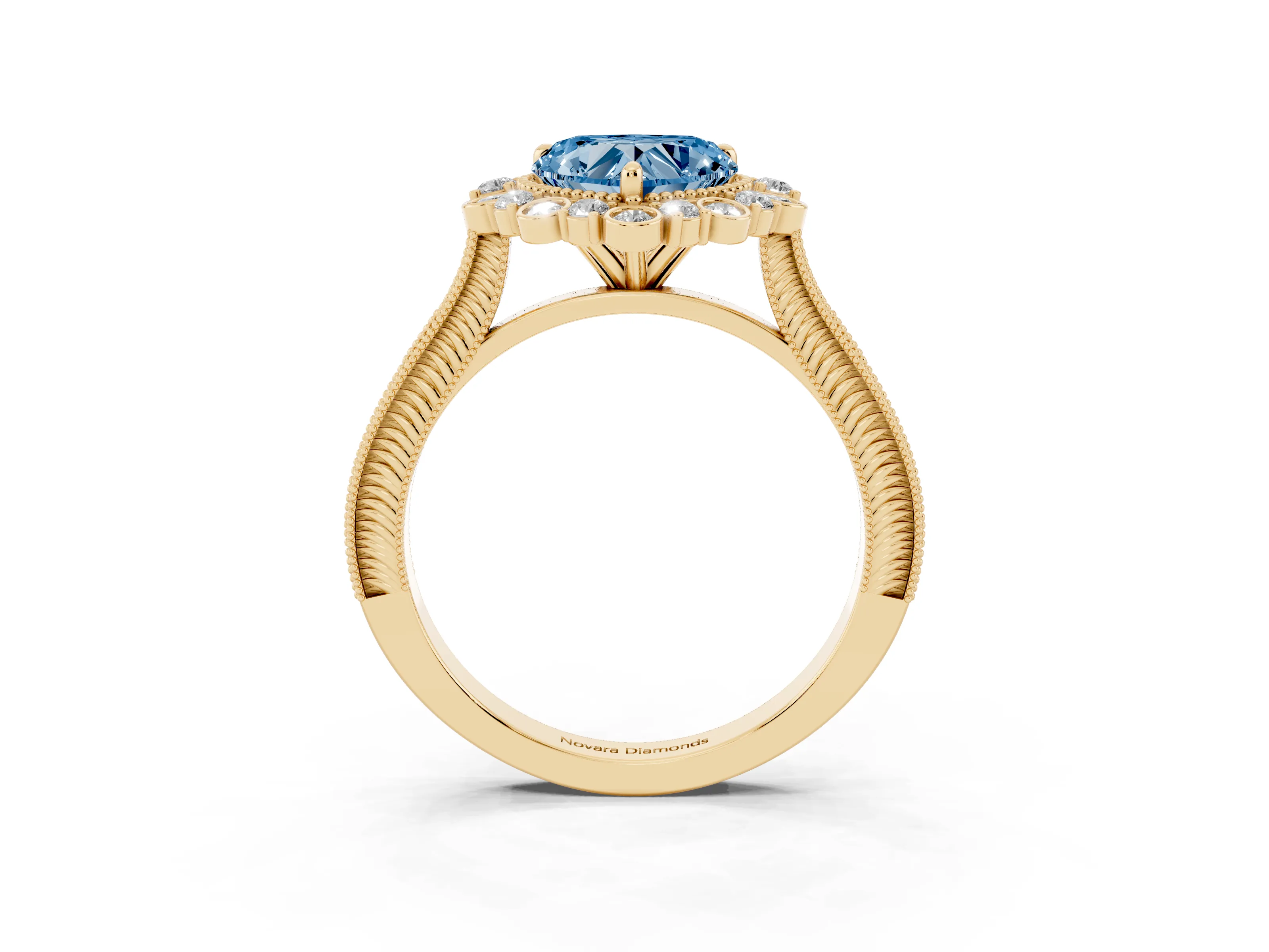 Fancy Blue Heart Cut Diamond Halo Milgrain Pavé Ring Set in Yellow gold with Prong Setting