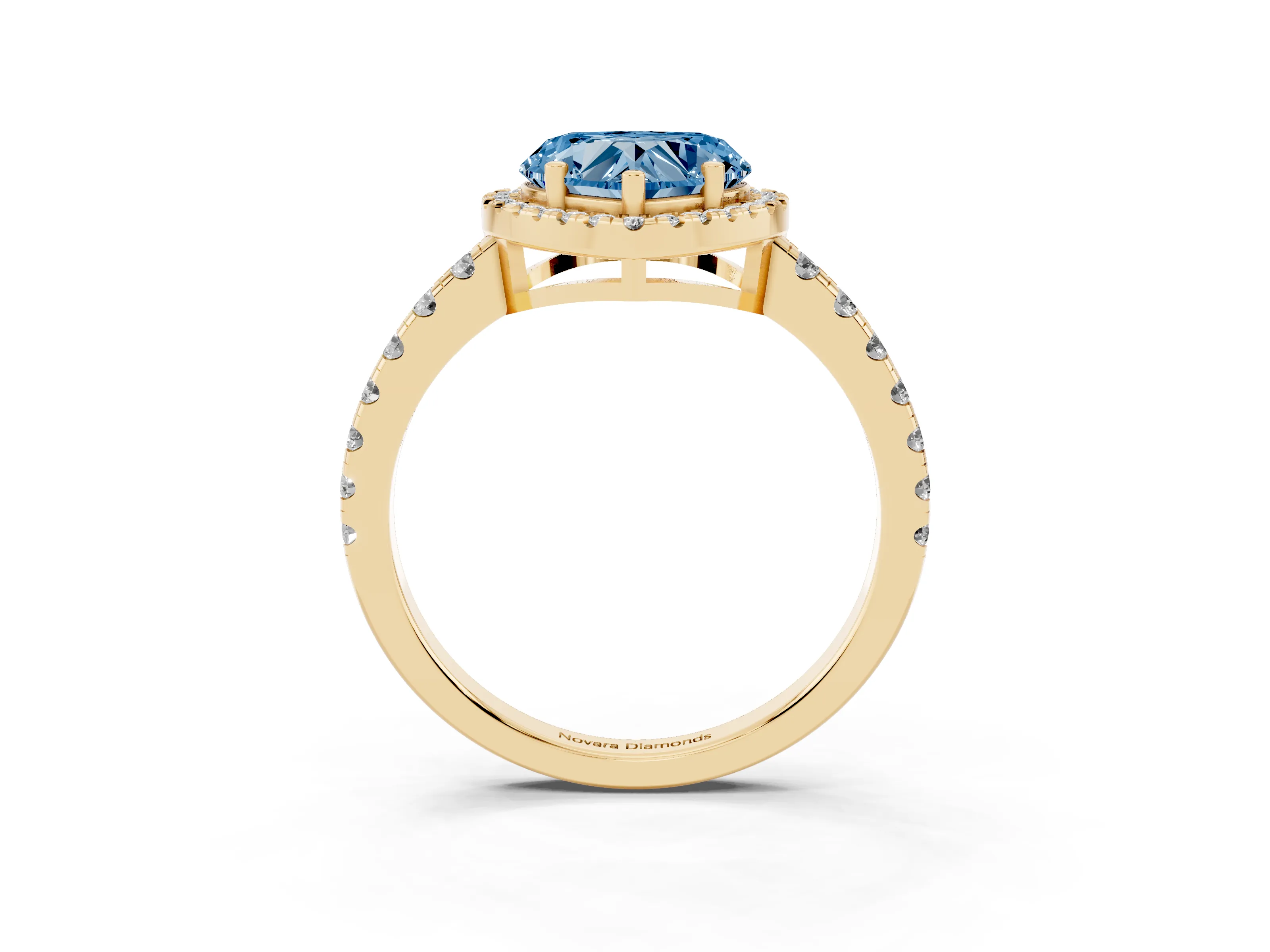 Fancy Blue Heart Cut Diamond Halo Ring Set in Yellow gold with Delicate Pavé Band and Prong Setting