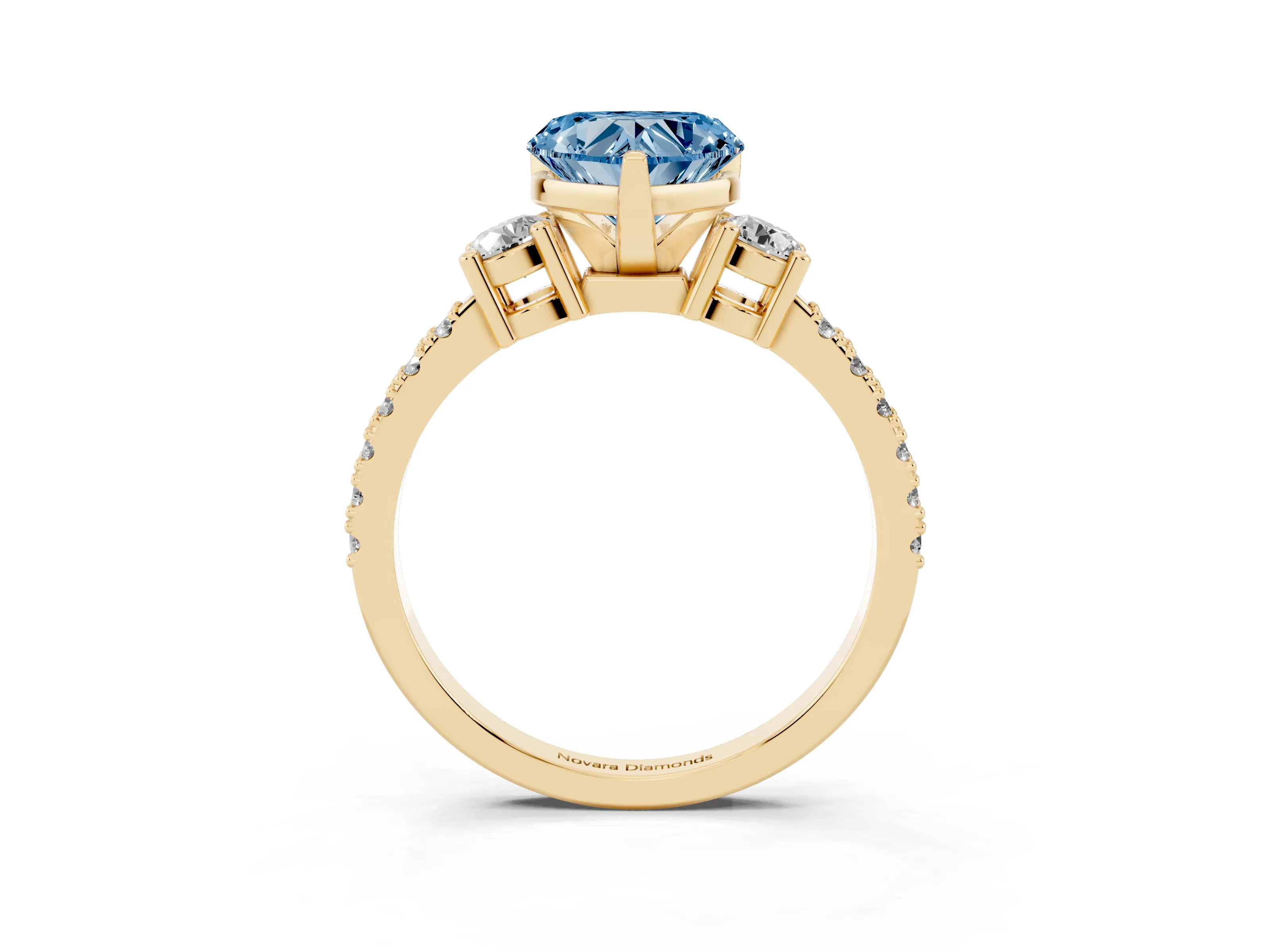 Fancy Blue Three-Stone Heart Cut Diamond Pavé Band Ring Set in Yellow gold with Prong Setting