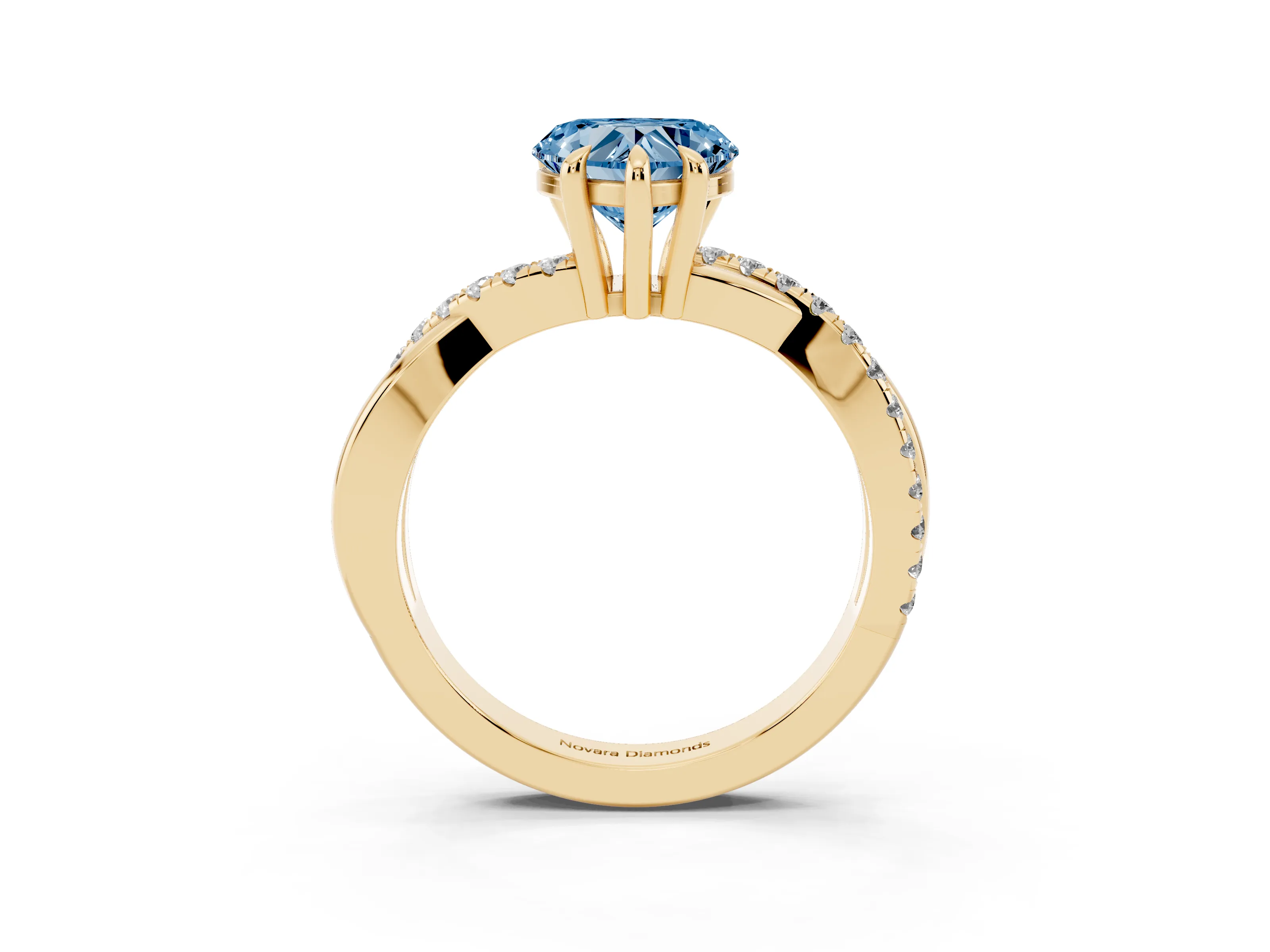 Fancy Blue Heart Cut Diamond Twist Band Solitaire Set in Yellow gold with Pavé Accents and Prong Setting