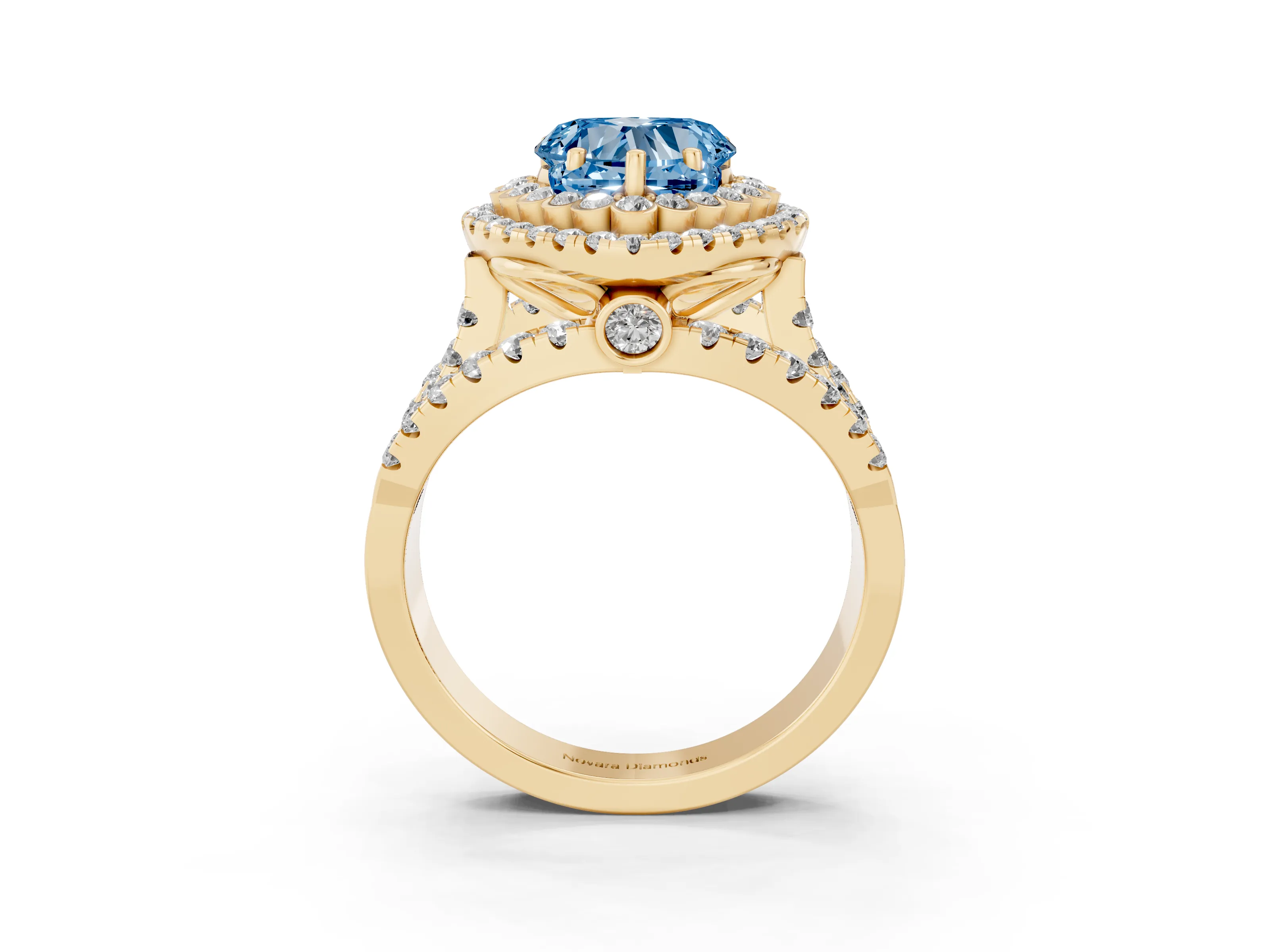 Fancy Blue Heart Cut Diamond Double Halo Ring Set in Yellow gold with Round Pavé Split Shank