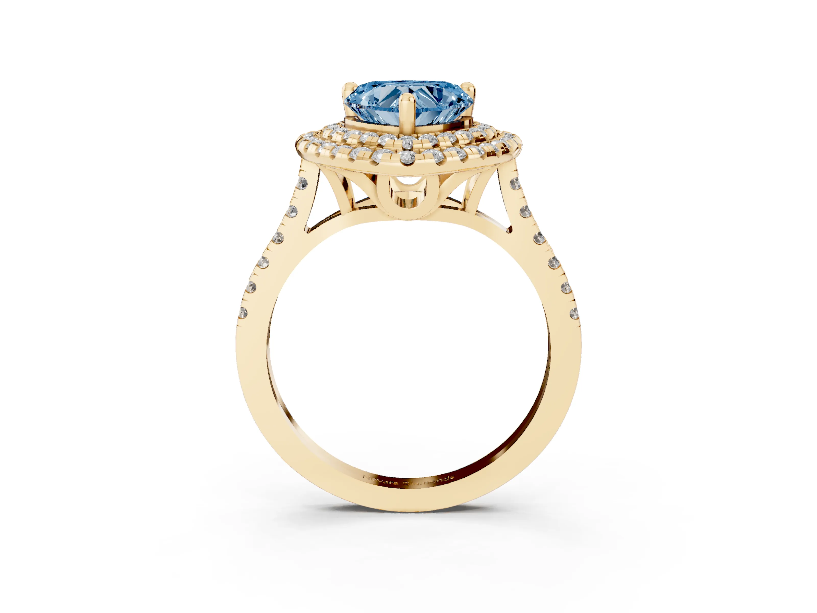 Fancy Blue Heart Cut Diamond Double Halo Statement Ring Set in Yellow gold with Pavé Band