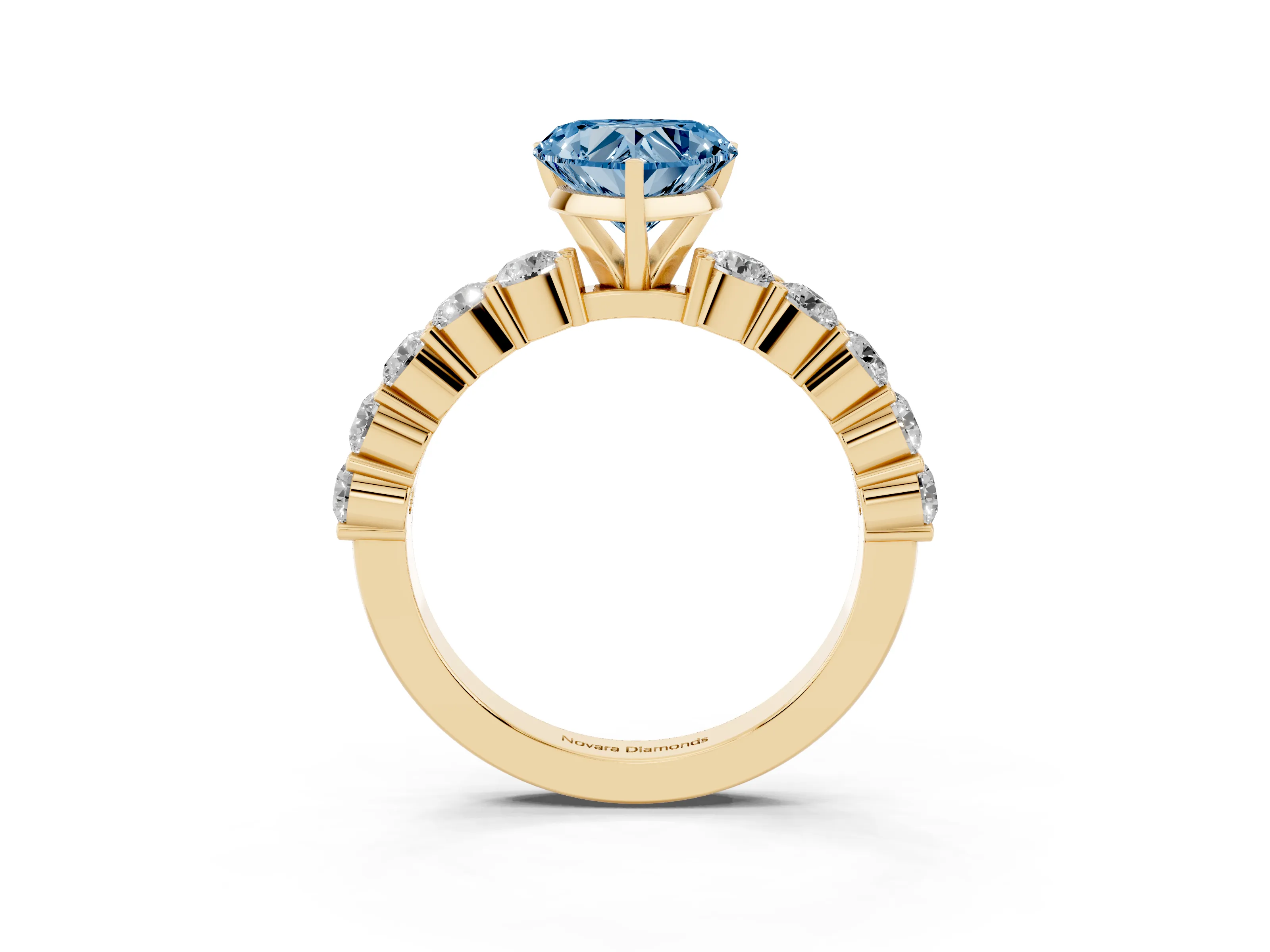 Fancy Blue Heart Cut Diamond Solitaire Ring Set in Yellow gold with Shared Prong Round Side Stones