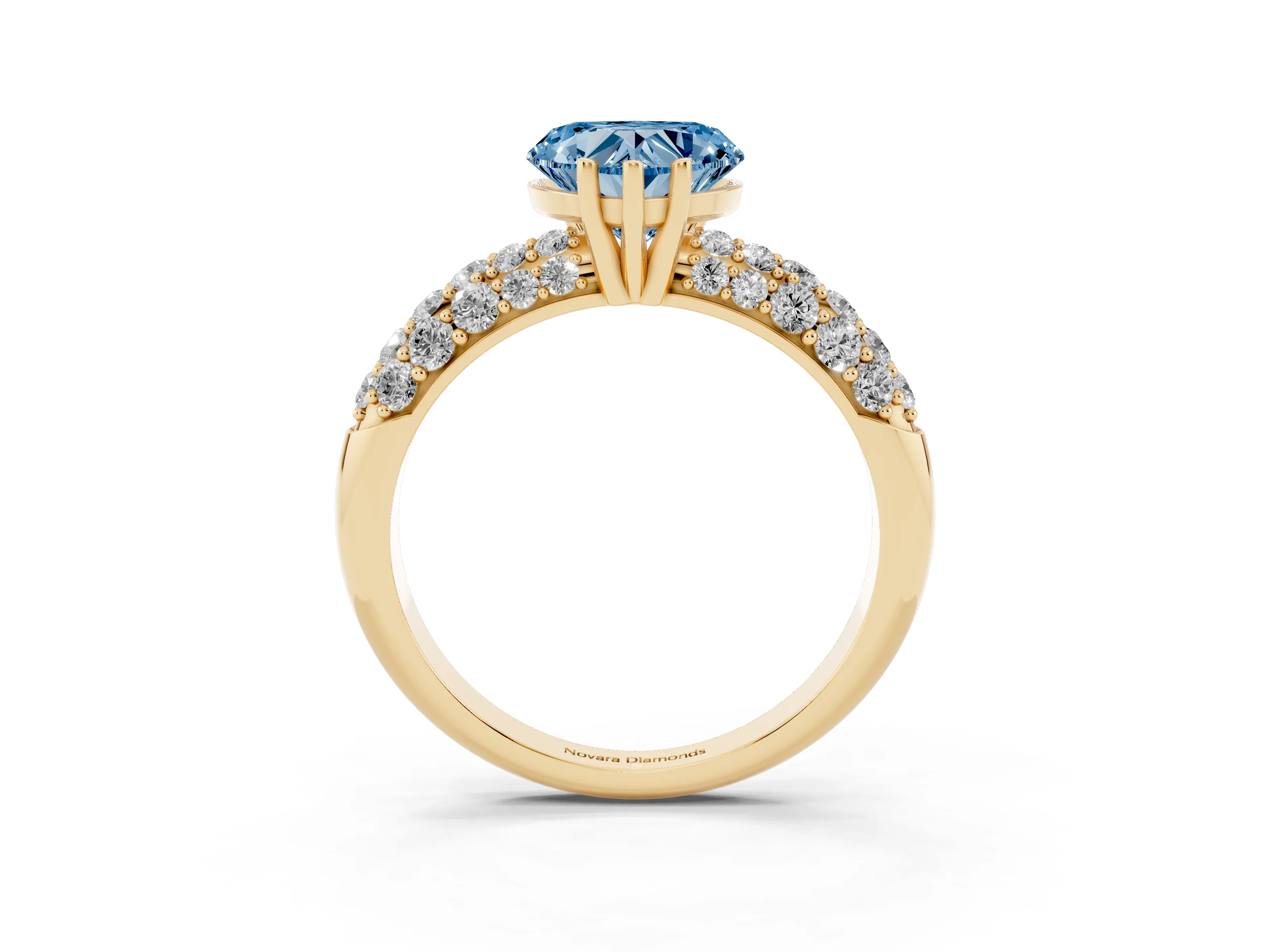 Fancy Blue Heart Cut Diamond Pavé Band Solitaire Ring Set in Yellow gold with Close-Set Accent Stones and Prong Setting