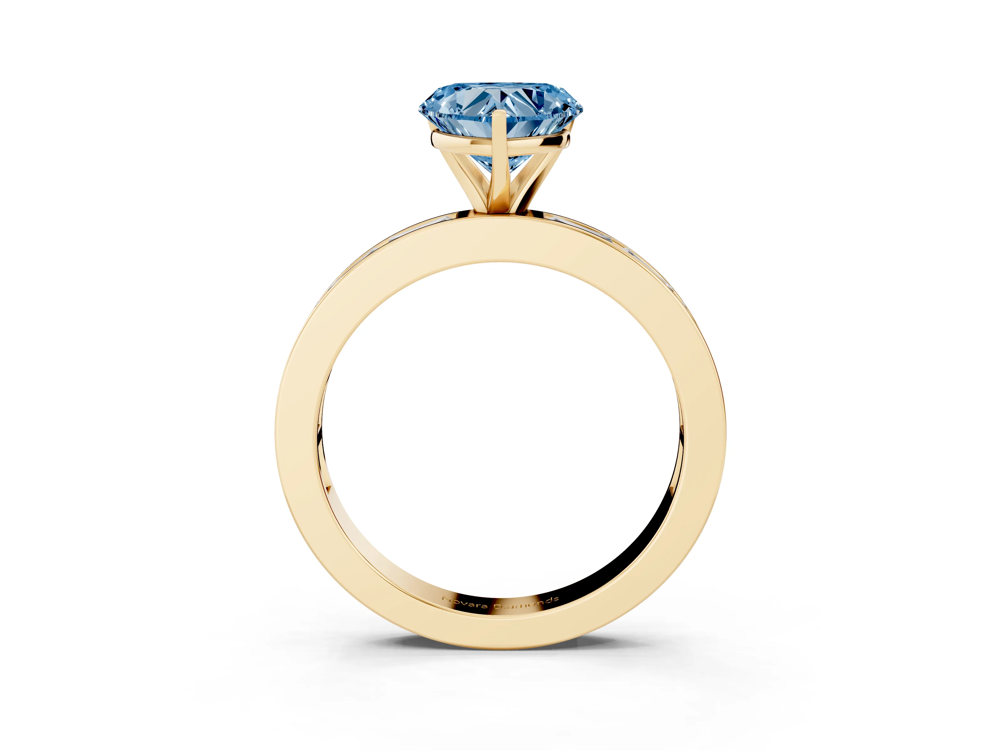 Fancy Blue Heart Cut Diamond Solitaire Ring Set in Yellow gold with Channel-Set Baguette Band and Prong Setting