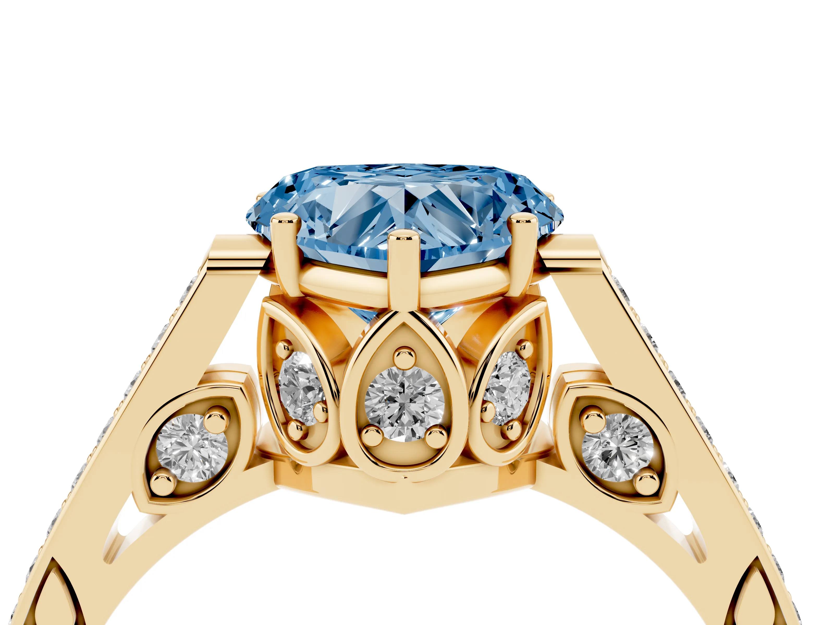 Fancy Blue Heart Cut Diamond Cathedral Pavé Engagement Ring Set in Yellow gold with Prong Setting