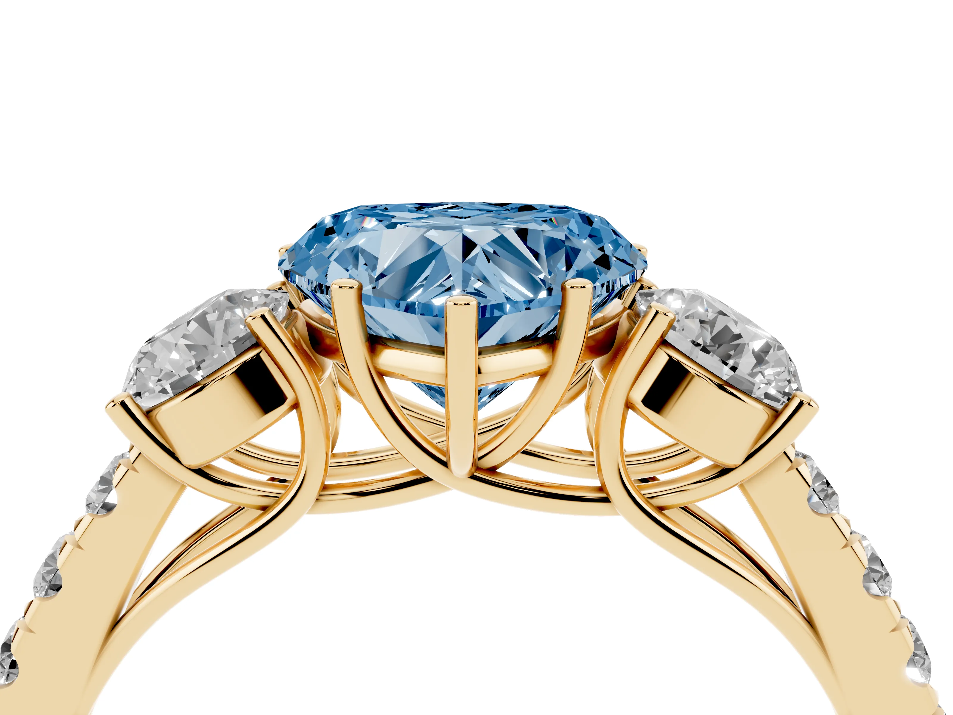 Fancy Blue Heart Cut Diamond Three-Stone Ring Set in Yellow gold with Round Side Stones and Delicate Pavé Band
