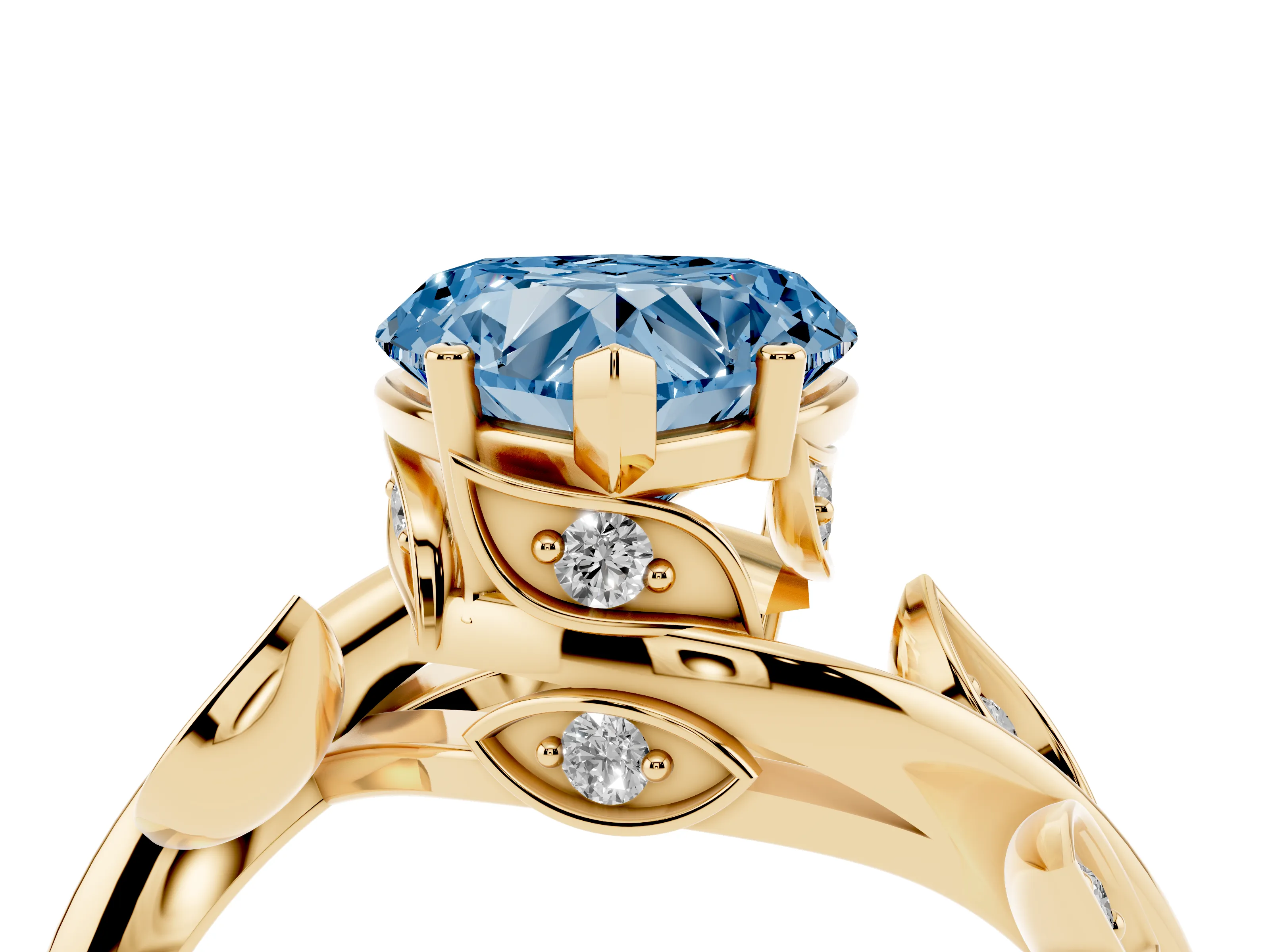 Fancy Blue Heart Cut Diamond Solitaire Twist Engagement Ring Set in Yellow gold with Pavé Leaf Accents