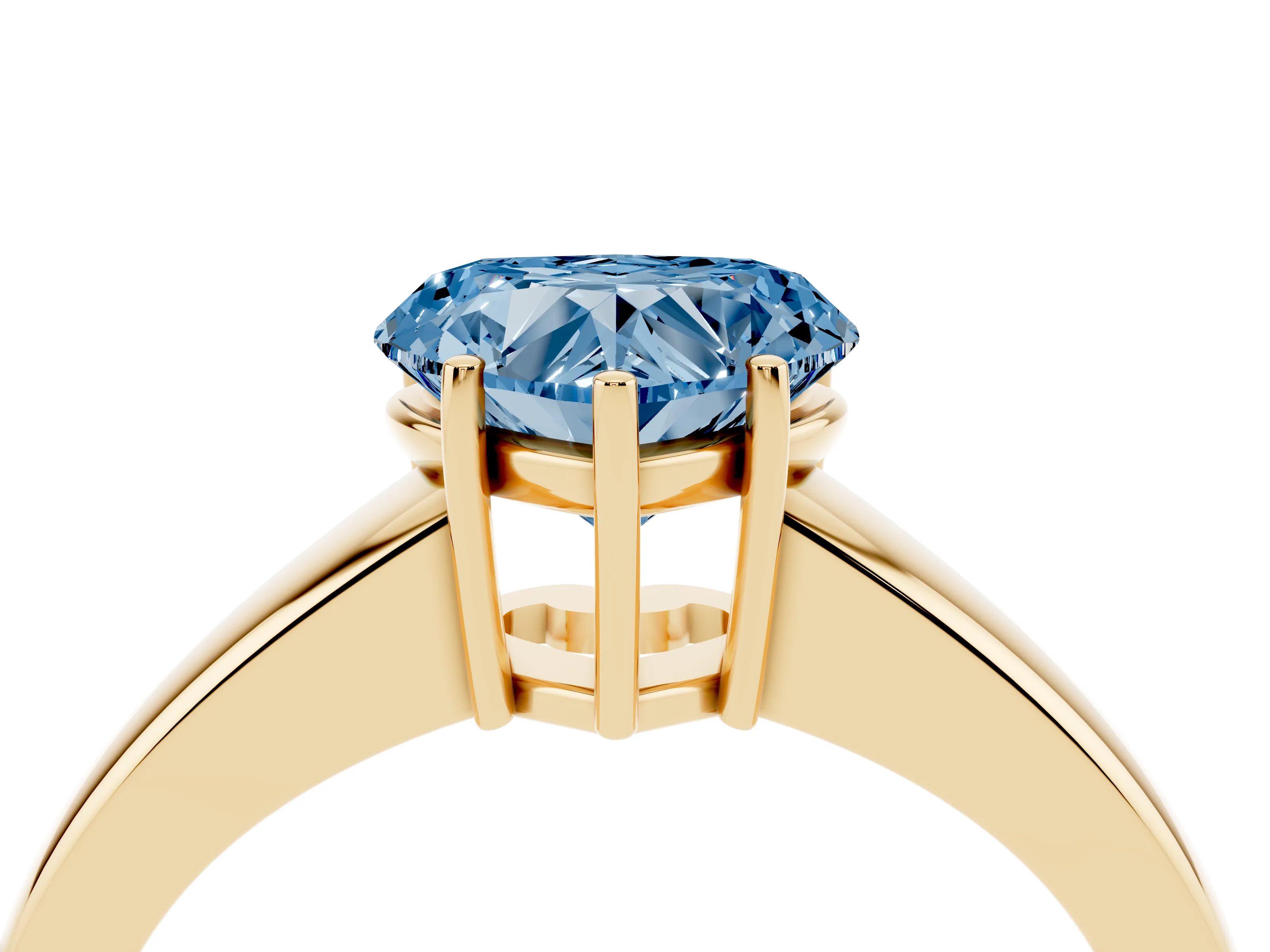 Fancy Blue Heart Cut Diamond Solitaire Ring Set in Yellow gold with Tapered Band and Prong Setting