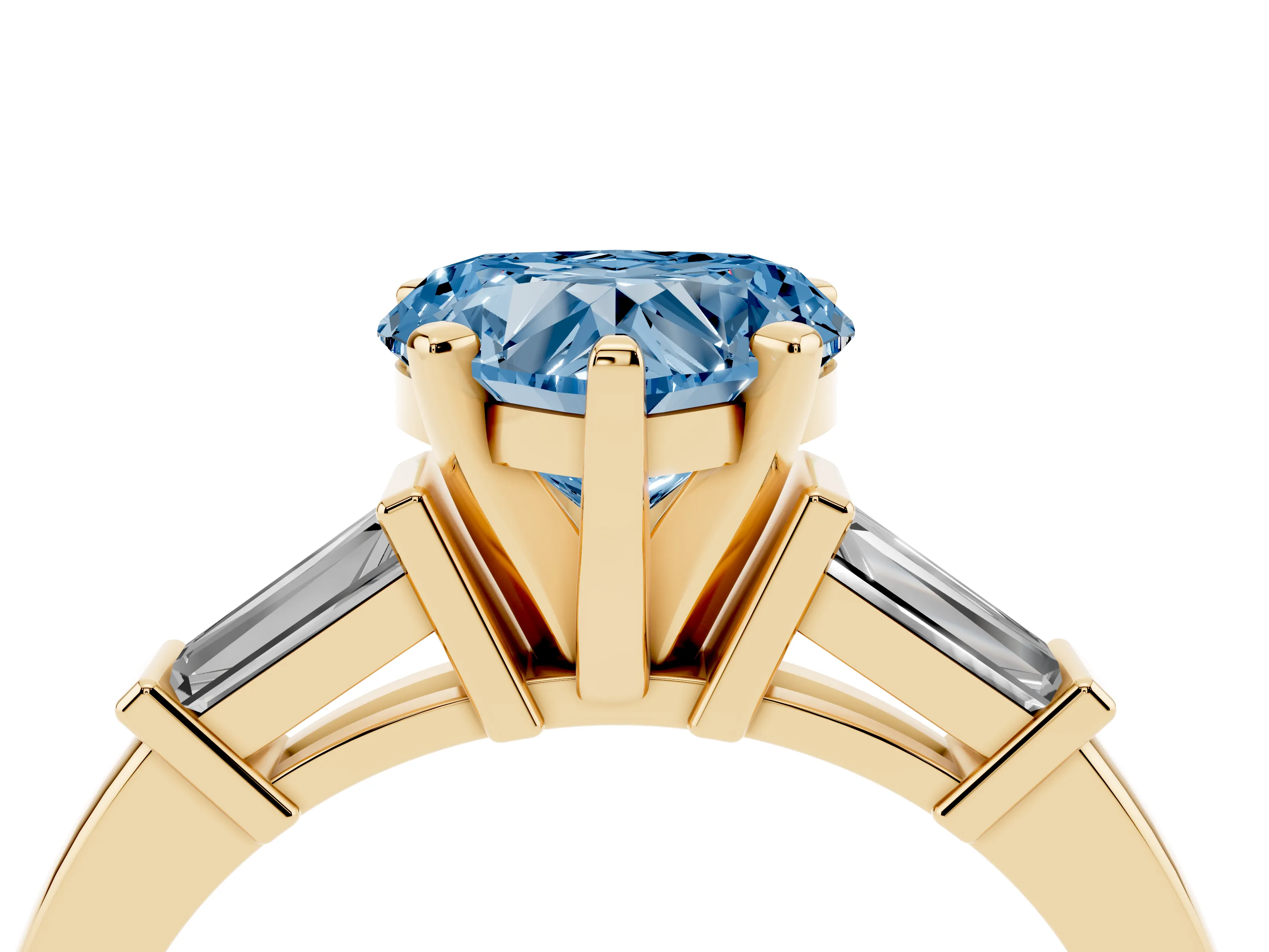 Fancy Blue Heart Cut Diamond Solitaire Ring Set in Yellow gold with Tapered Baguette Accents and Prong Setting