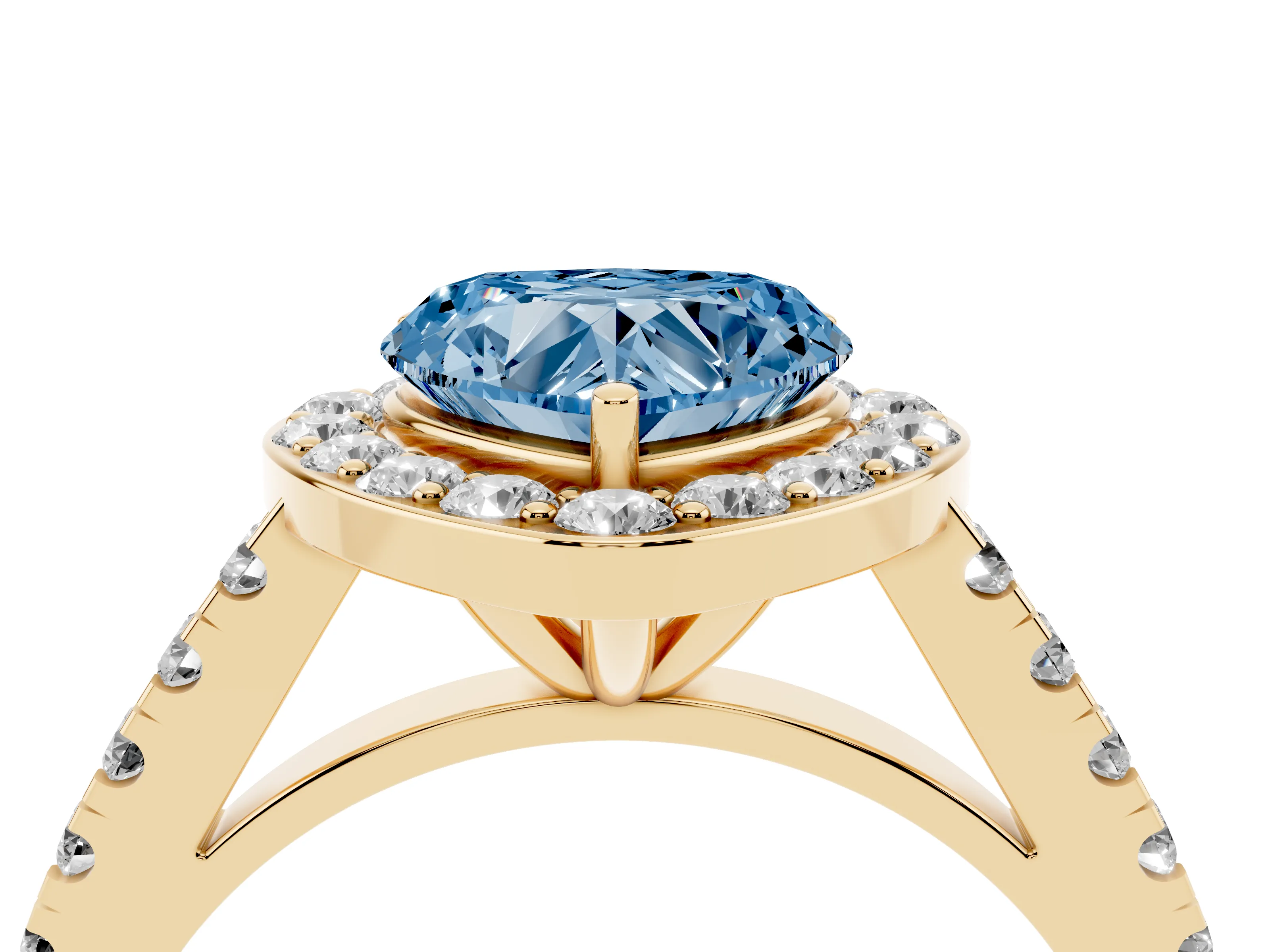 Fancy Blue Heart Cut Diamond Halo Ring Set in Yellow gold with Round Pavé Split Shank and Prong Setting