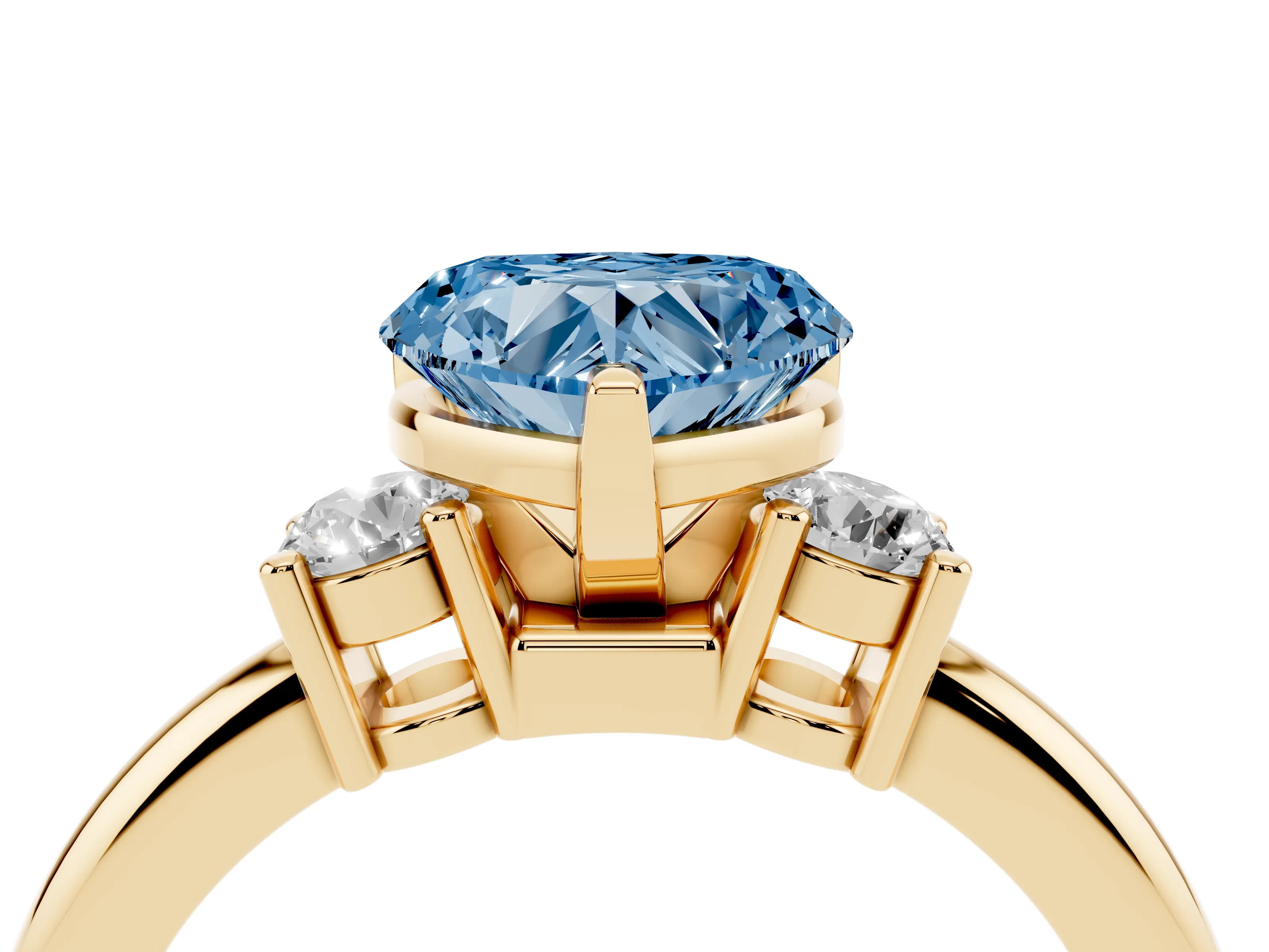 Fancy Blue Three-Stone Heart Cut Diamond Ring Set in Yellow gold with Prong Setting and Plain Band