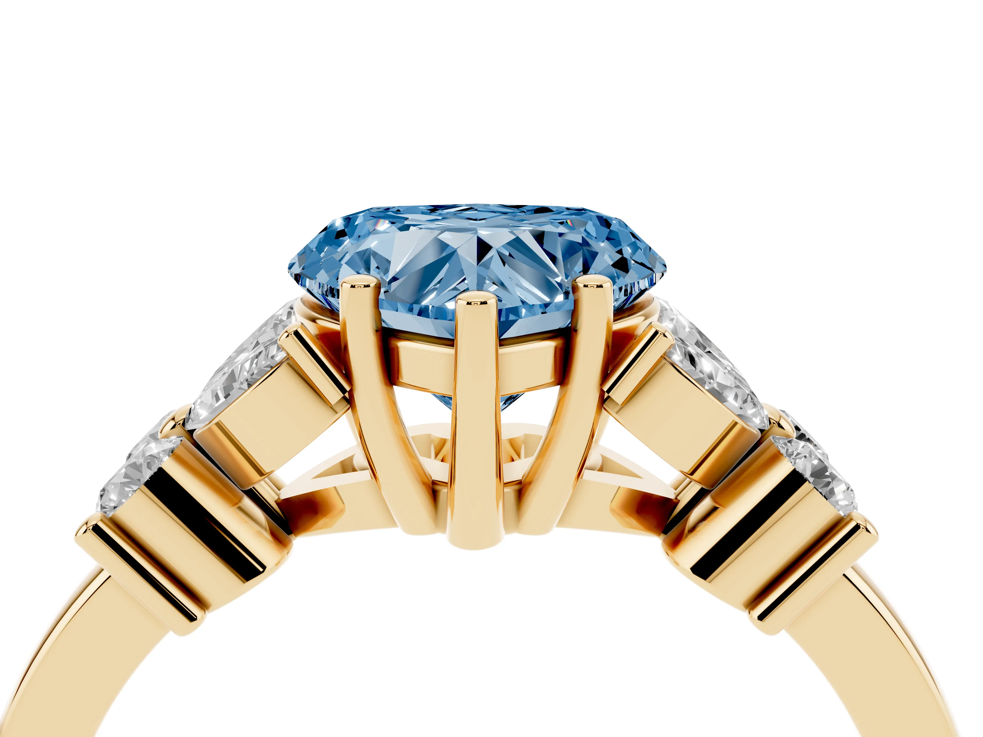 Fancy Blue Heart Cut Diamond Floral Cluster Ring Set in Yellow gold with Marquise Petals and Prong Setting