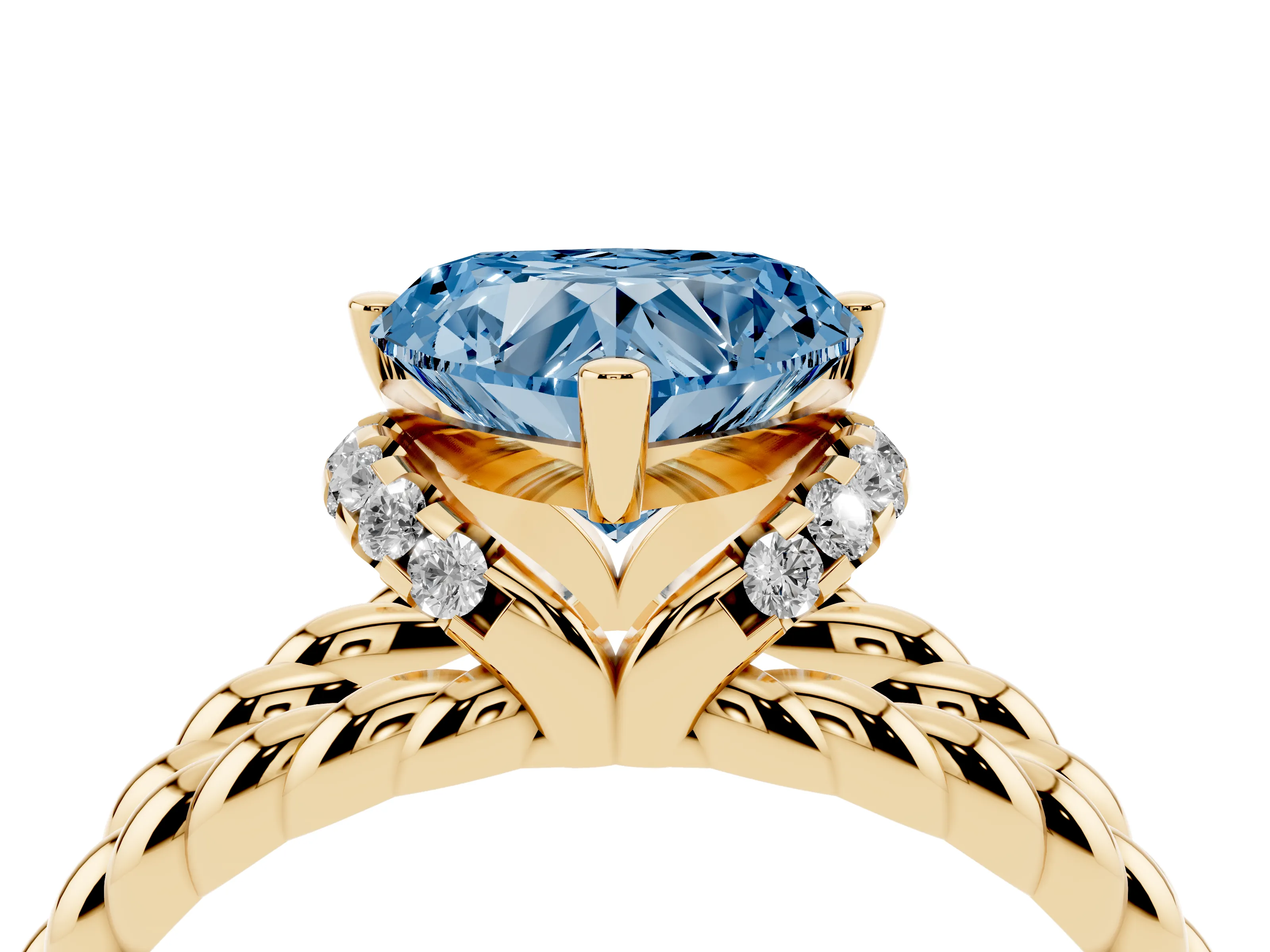 Fancy Blue Heart Cut Diamond Halo Ring Set in Yellow gold with Twisted Band and Prong Setting