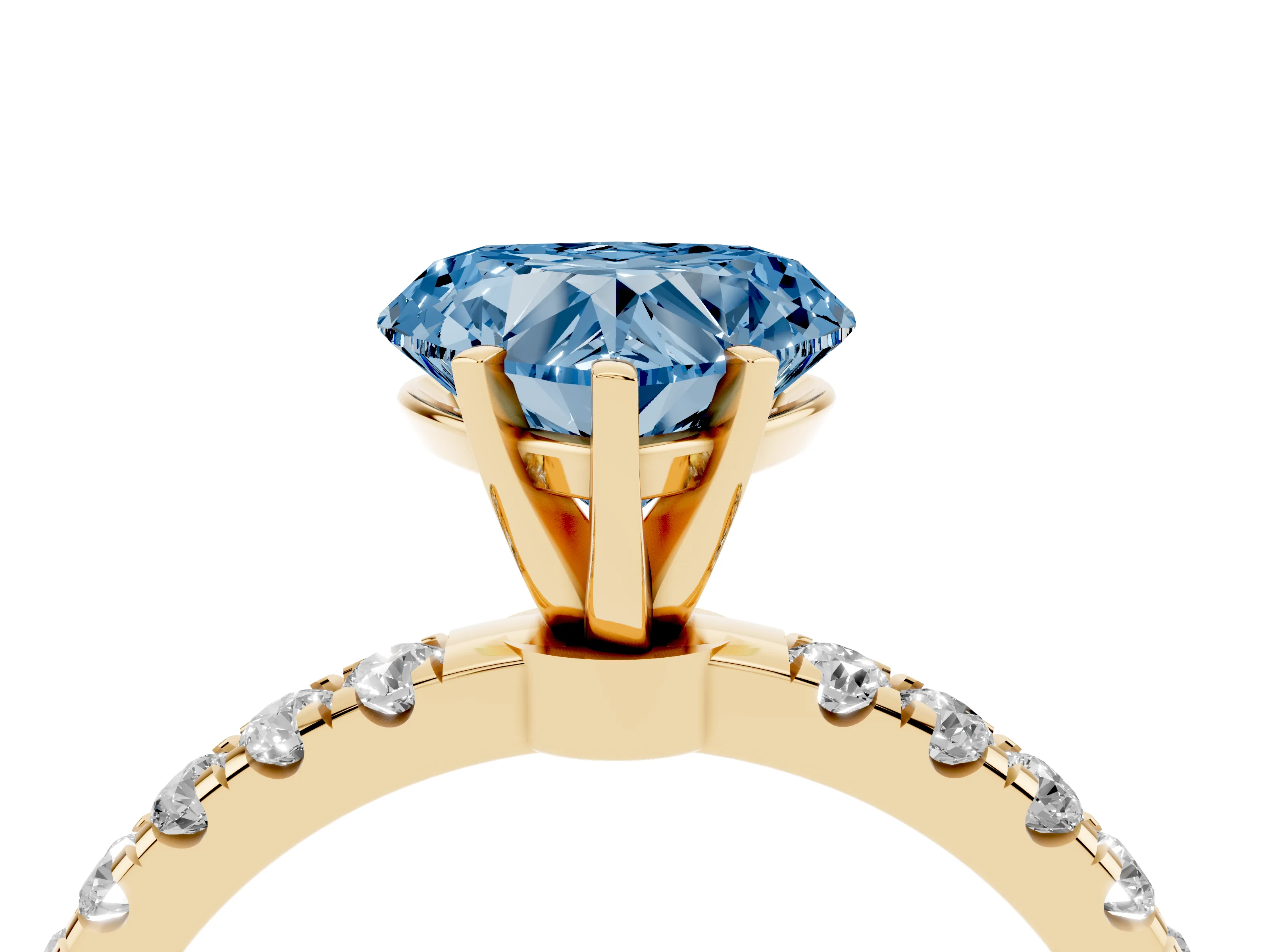 Fancy Blue Heart Cut Diamond Solitaire Ring Set in Yellow gold with Pavé Accents and Prong Setting