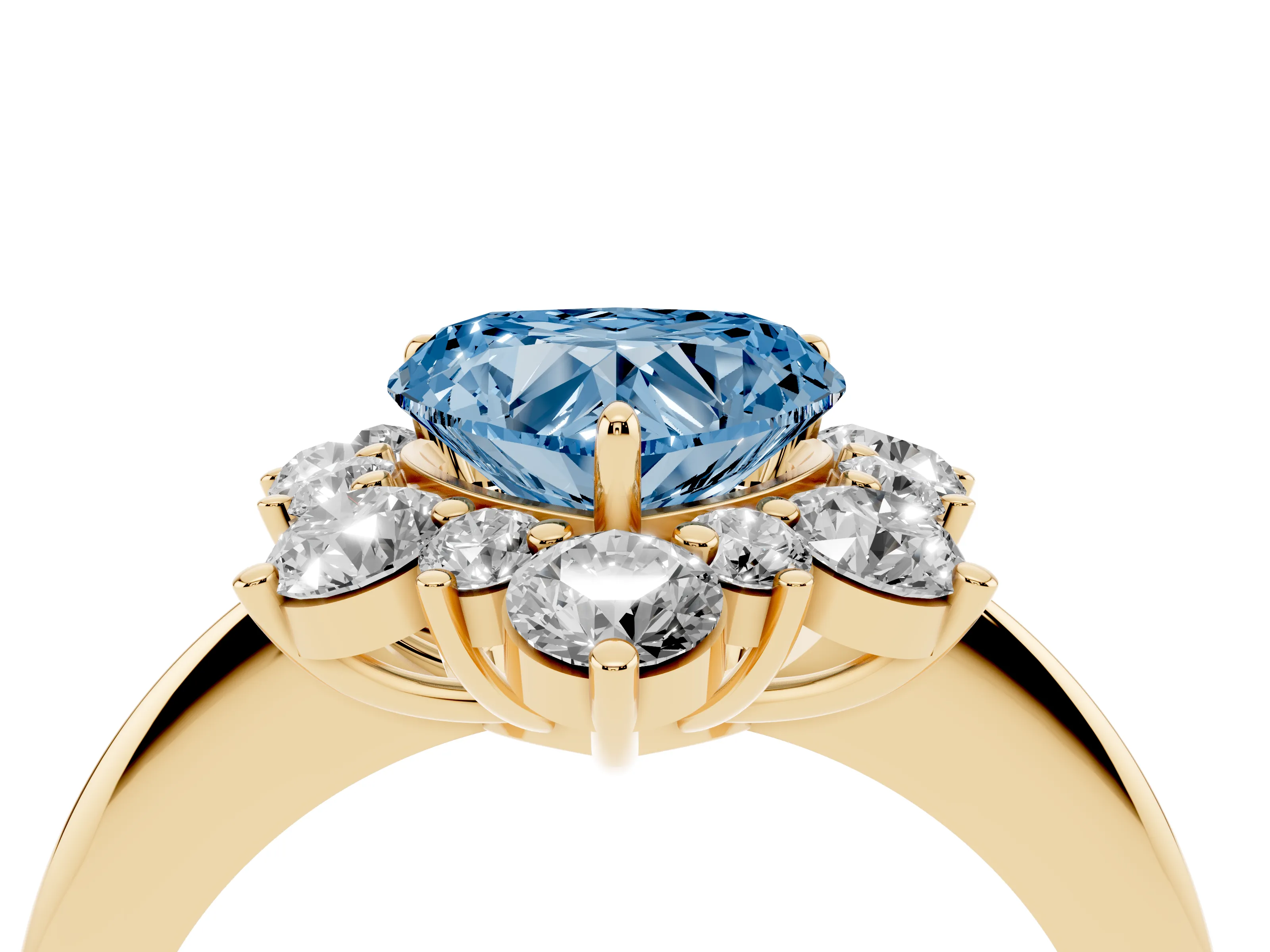 Fancy Blue Heart Cut Diamond Cluster Halo Ring Set in Yellow gold with Solitaire Band and Prong Setting