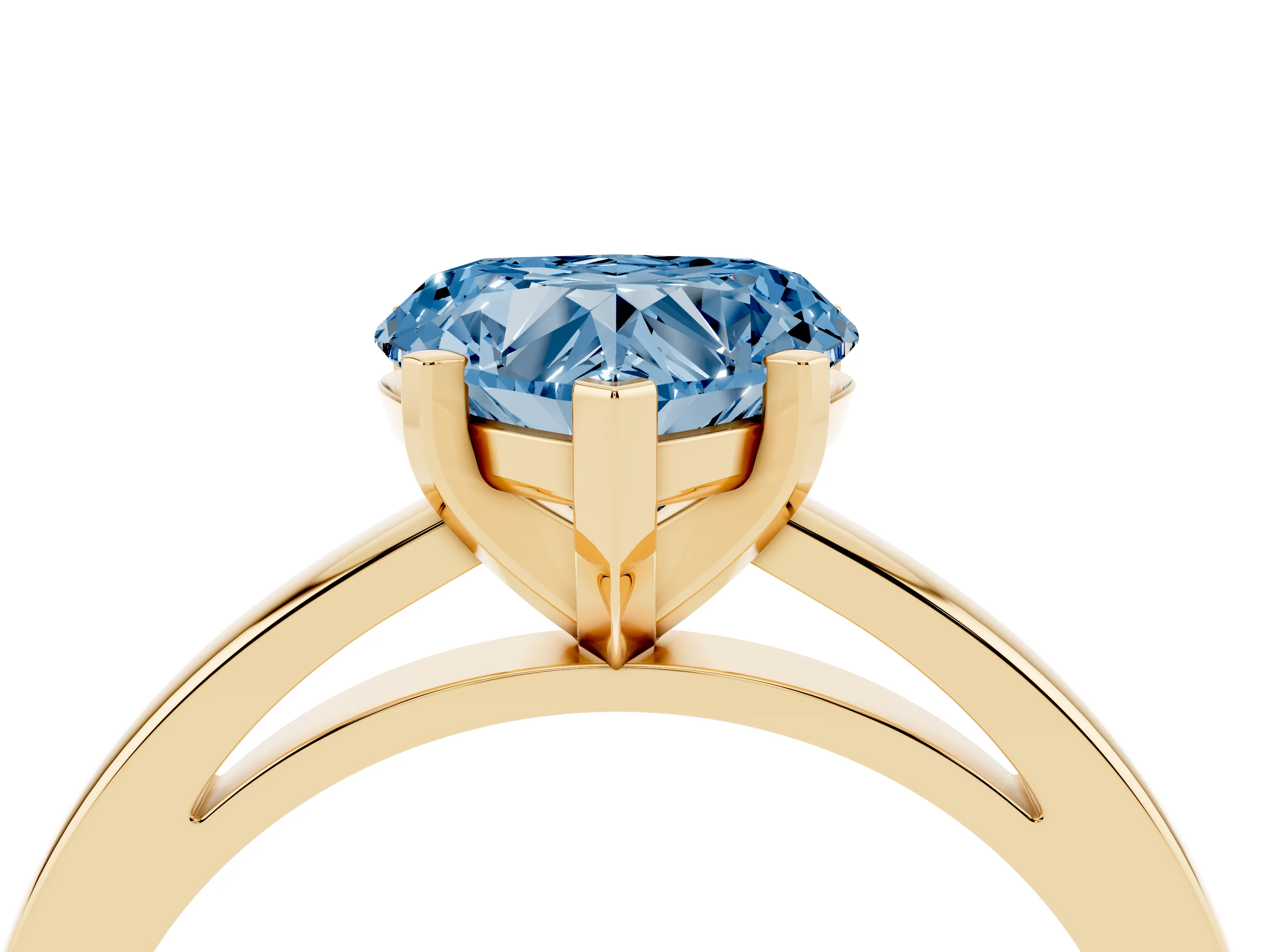 Fancy Blue Heart Cut Diamond Solitaire Engagement Ring Set in Yellow gold with Prong Setting on a Classic Band