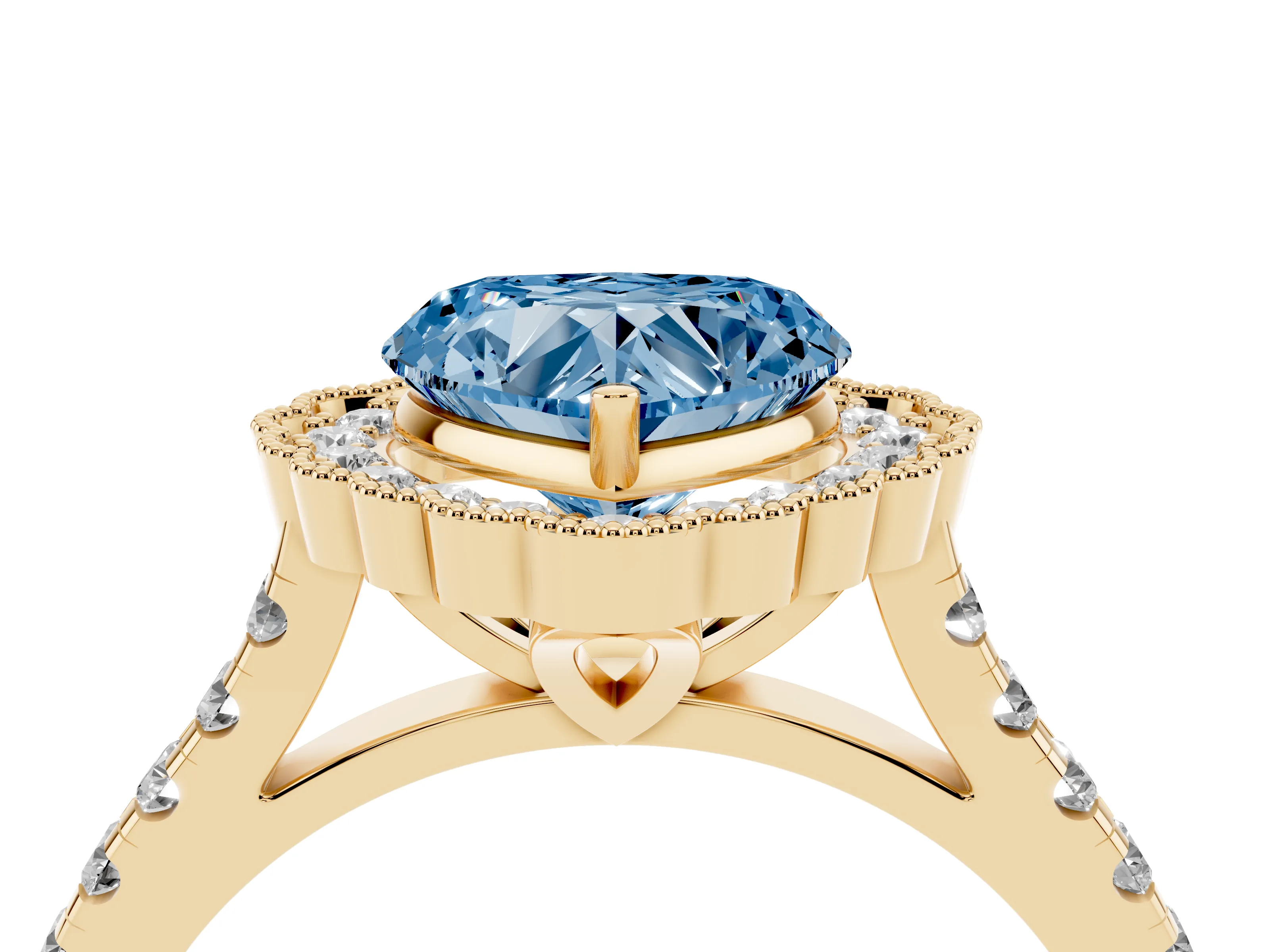 Fancy Blue Heart Cut Diamond Milgrain Floral Halo Engagement Ring Set in Yellow gold with Pavé Band