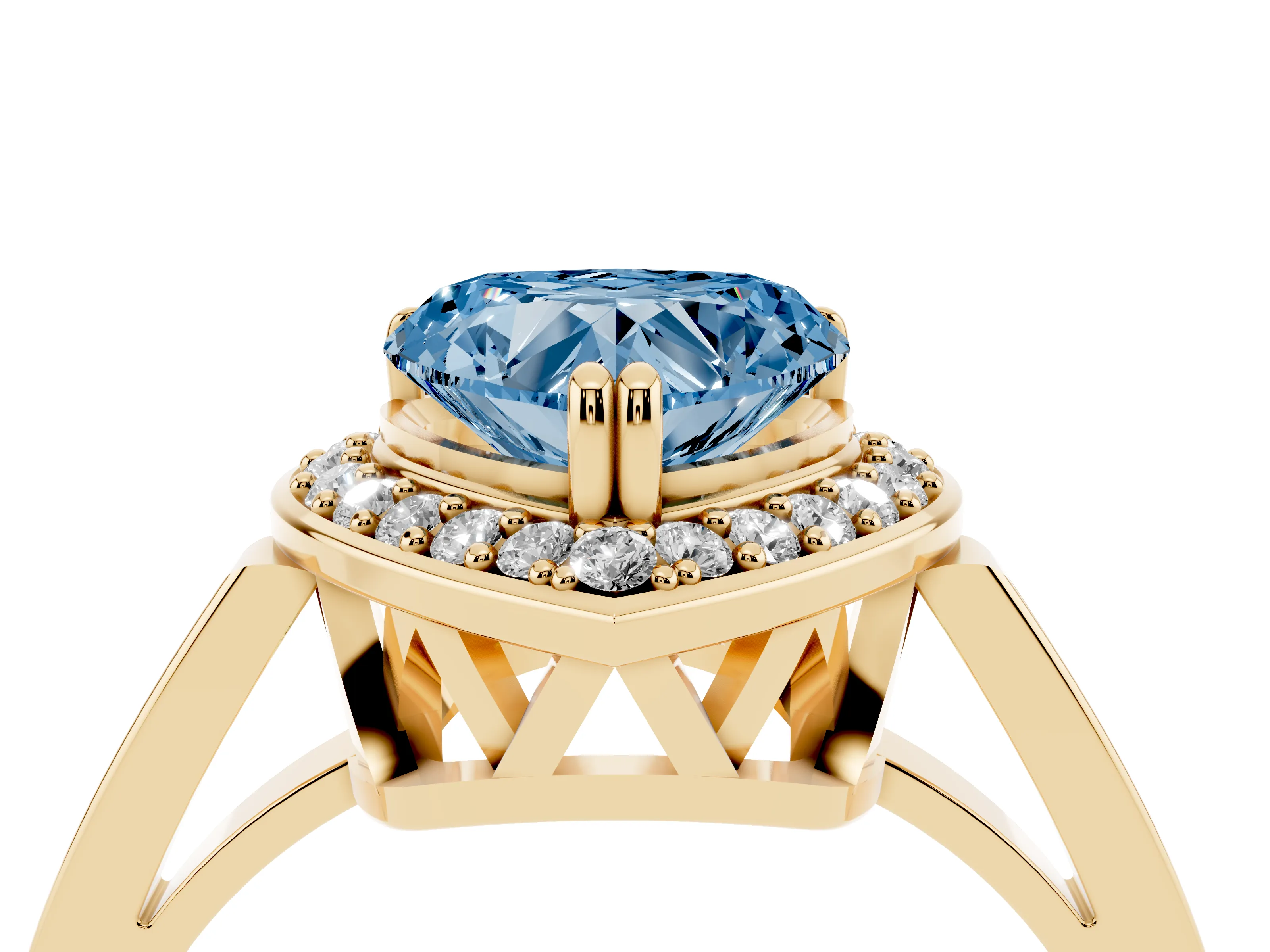 Fancy Blue Heart Cut Diamond Halo Ring Set in Yellow gold with Accent-Lined Split Shank and Prong Setting
