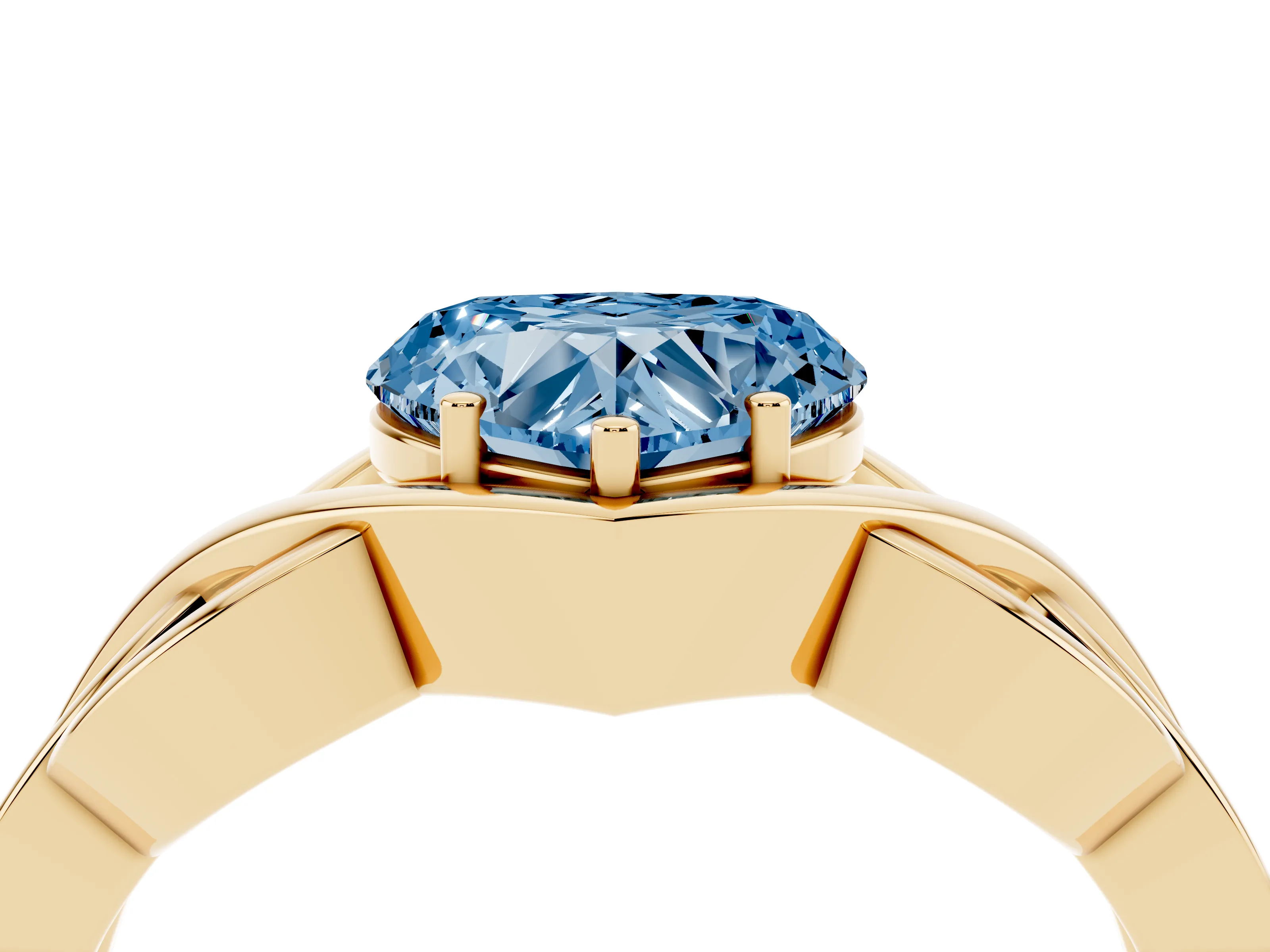 Fancy Blue Heart Cut Diamond Solitaire Ring Set in Yellow gold with Intertwined Band