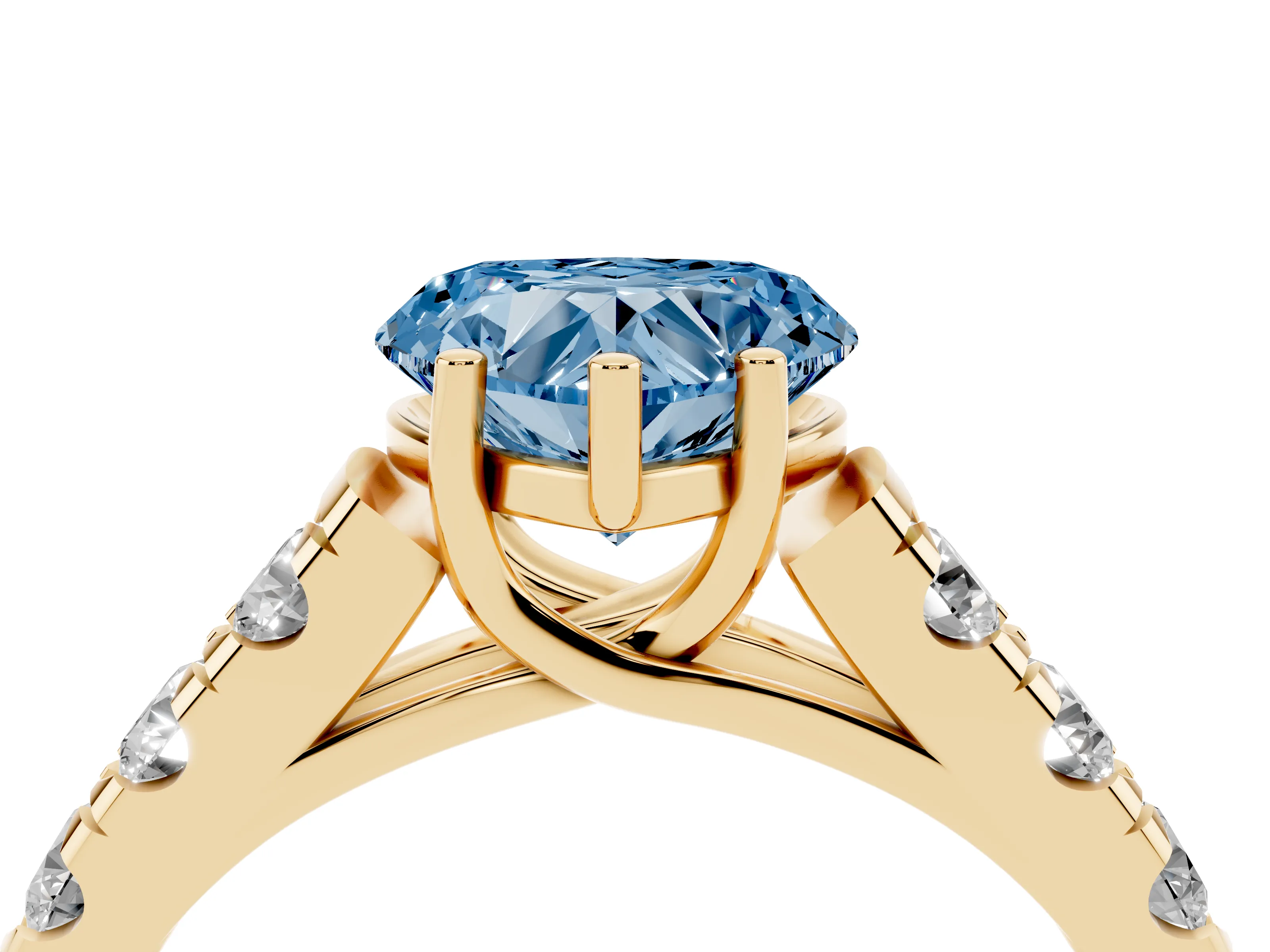 Fancy Blue Heart Cut Diamond Solitaire Ring Set in Yellow gold with Cut-Down Micro Pavé Band and Prong Setting