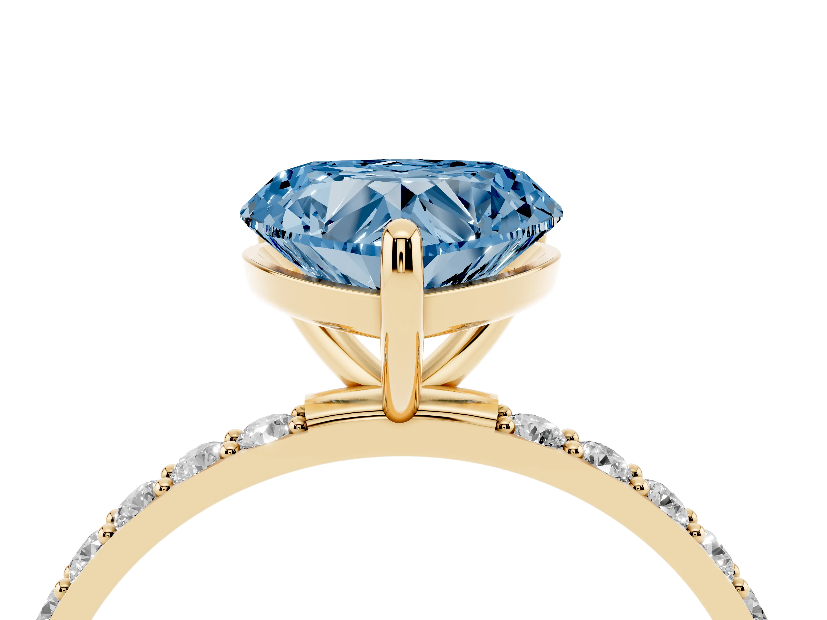 Fancy Blue Heart Cut Diamond Solitaire Ring Set in Yellow gold with Round Pavé Band and Prong Setting