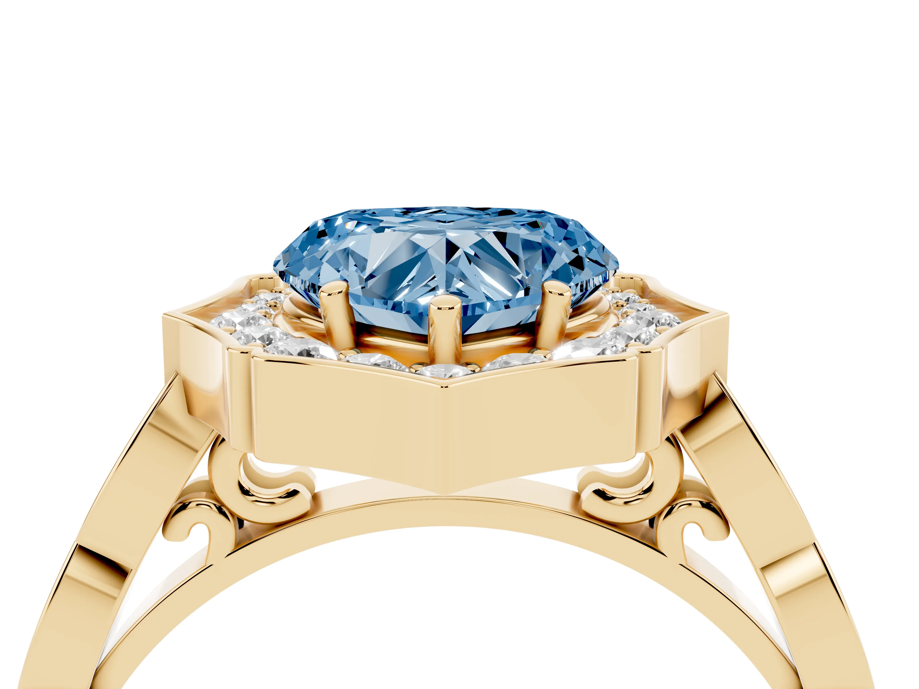 Fancy Blue Heart Cut Diamond Halo Engagement Ring Set in Yellow gold with Milgrain Band and Prong Setting