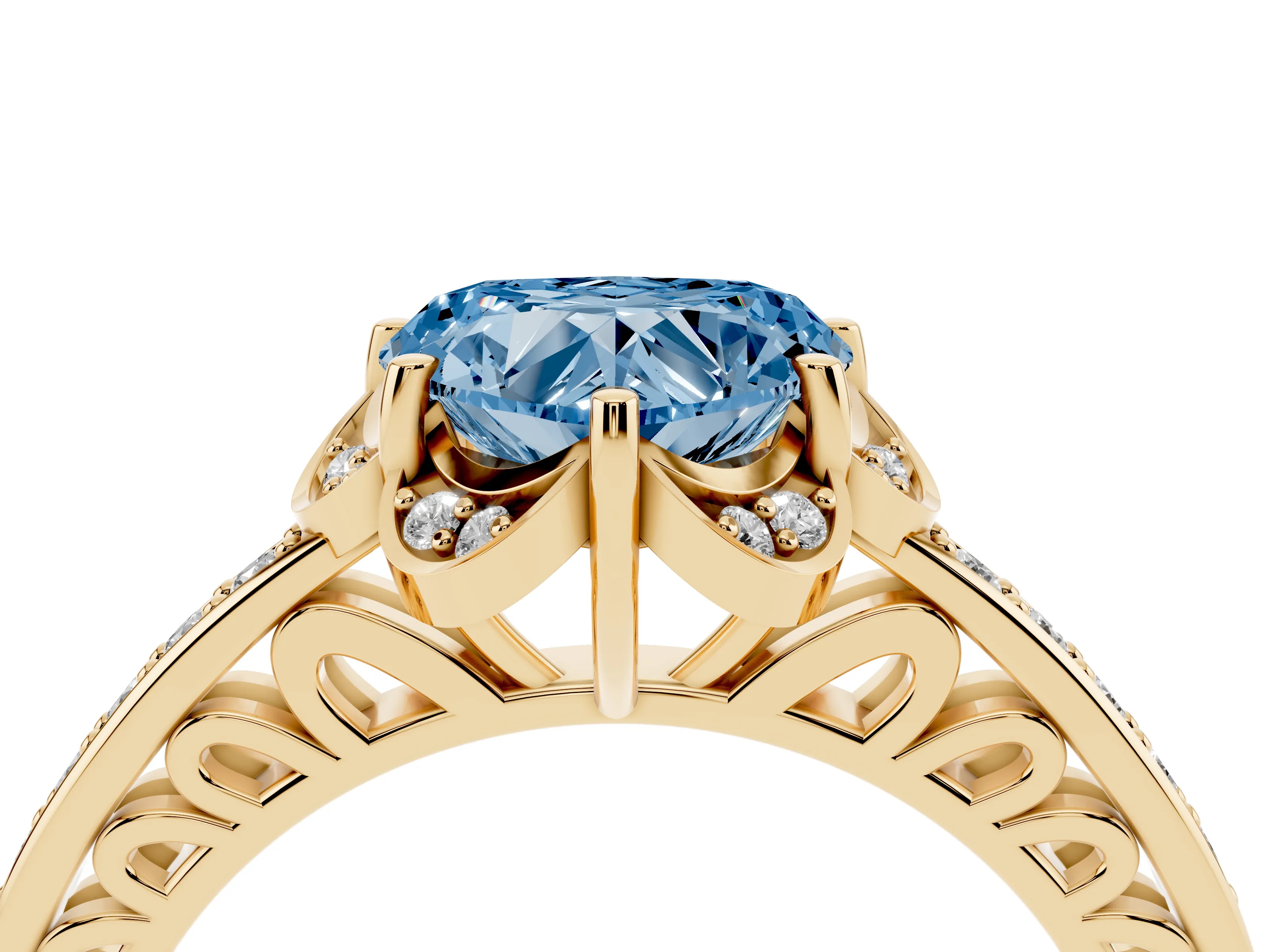 Fancy Blue Heart Cut Diamond Halo Ring Set in Yellow gold with Channel Set Band and Prong Setting