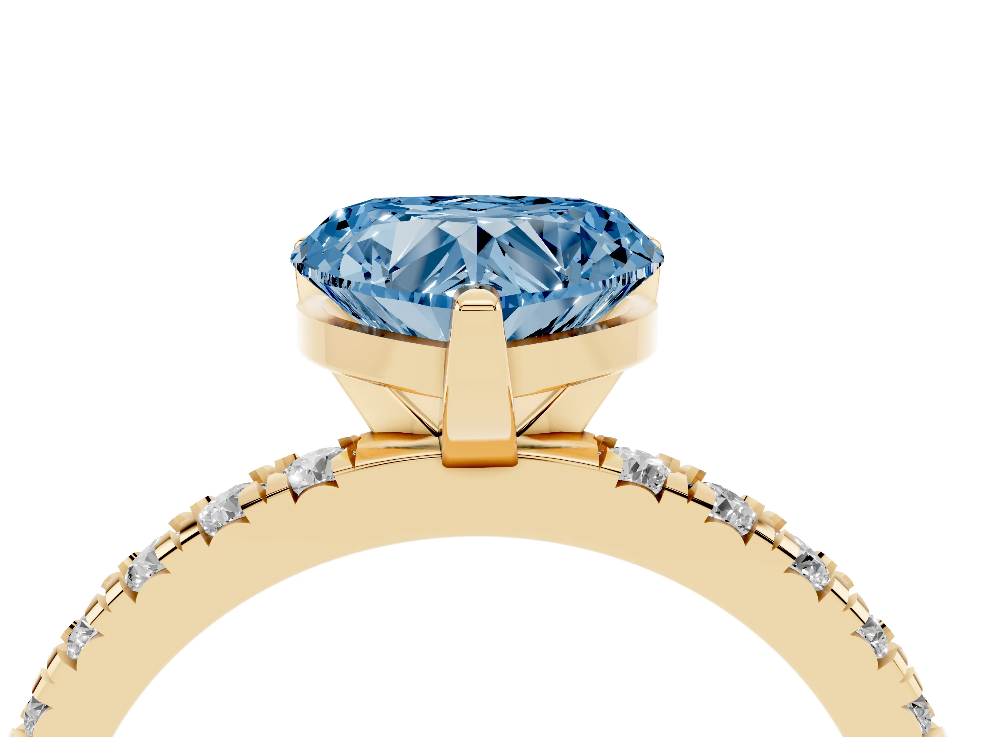 Fancy Blue Heart Cut Diamond Pavé Band Solitaire Set in Yellow gold with Prong Setting