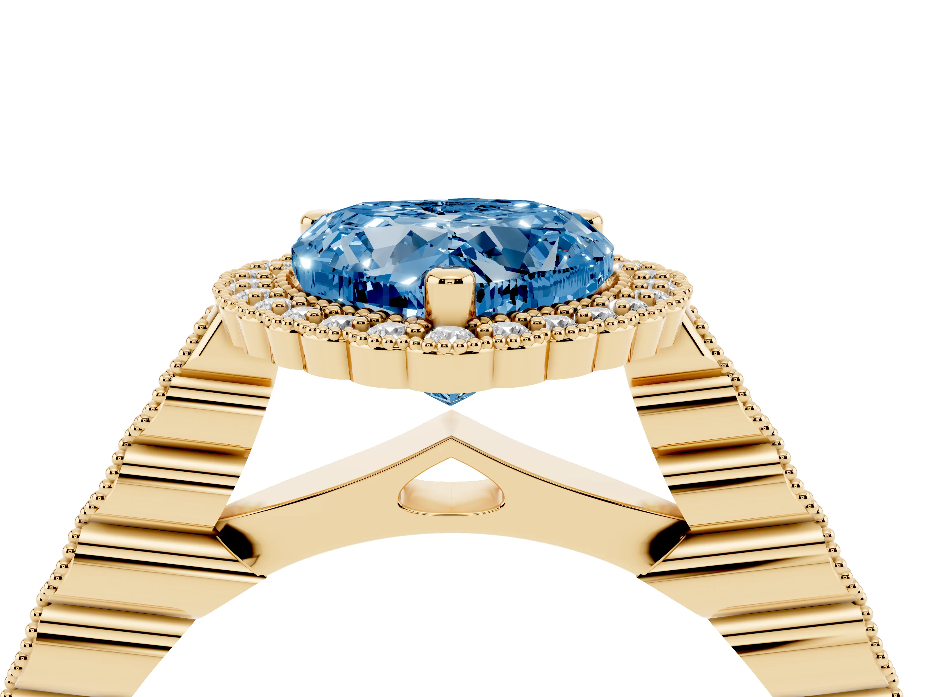 Fancy Blue Heart Cut Diamond Halo Ring Set in Yellow gold with Pavé Milgrain Band