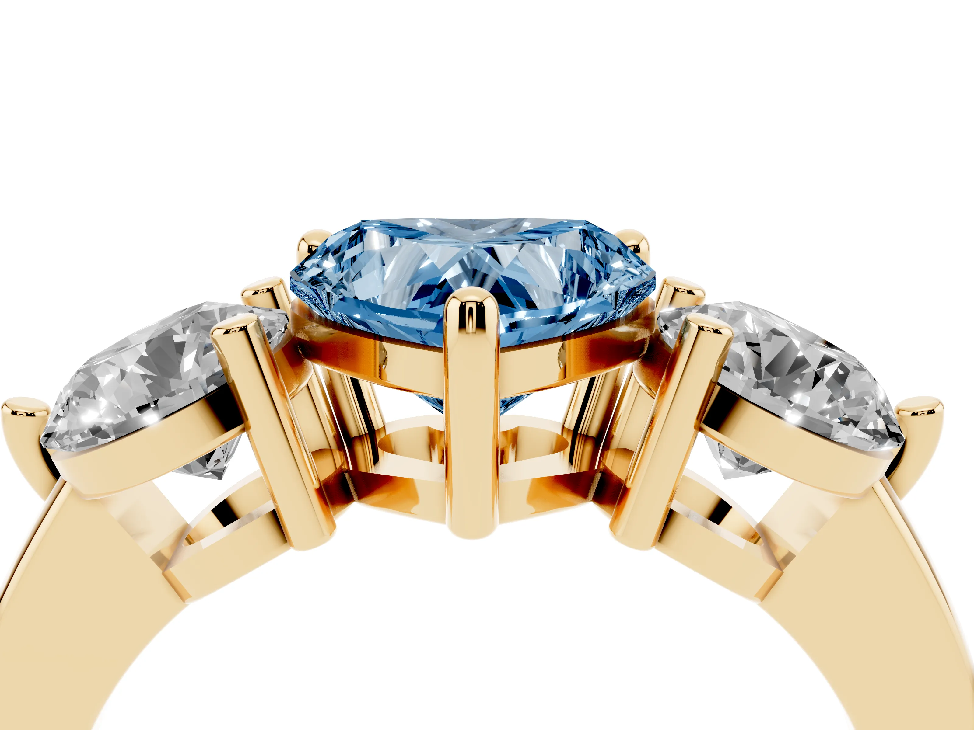Fancy Blue Heart Cut Diamond Three-Stone Ring Set in Yellow gold with Prong Setting and Classic Band