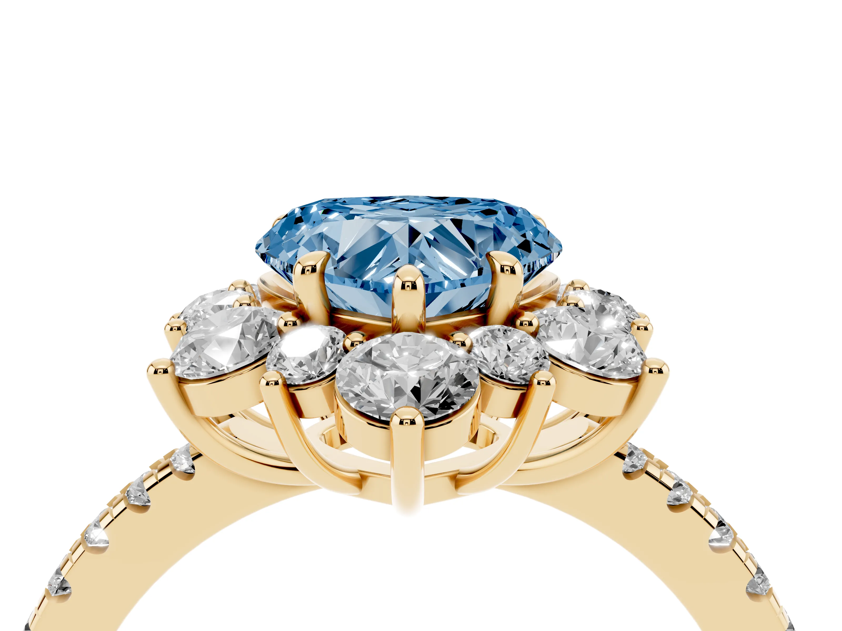 Fancy Blue Heart Cut Diamond Floral Halo Ring Set in Yellow gold with Round Pavé Band and Prong Setting