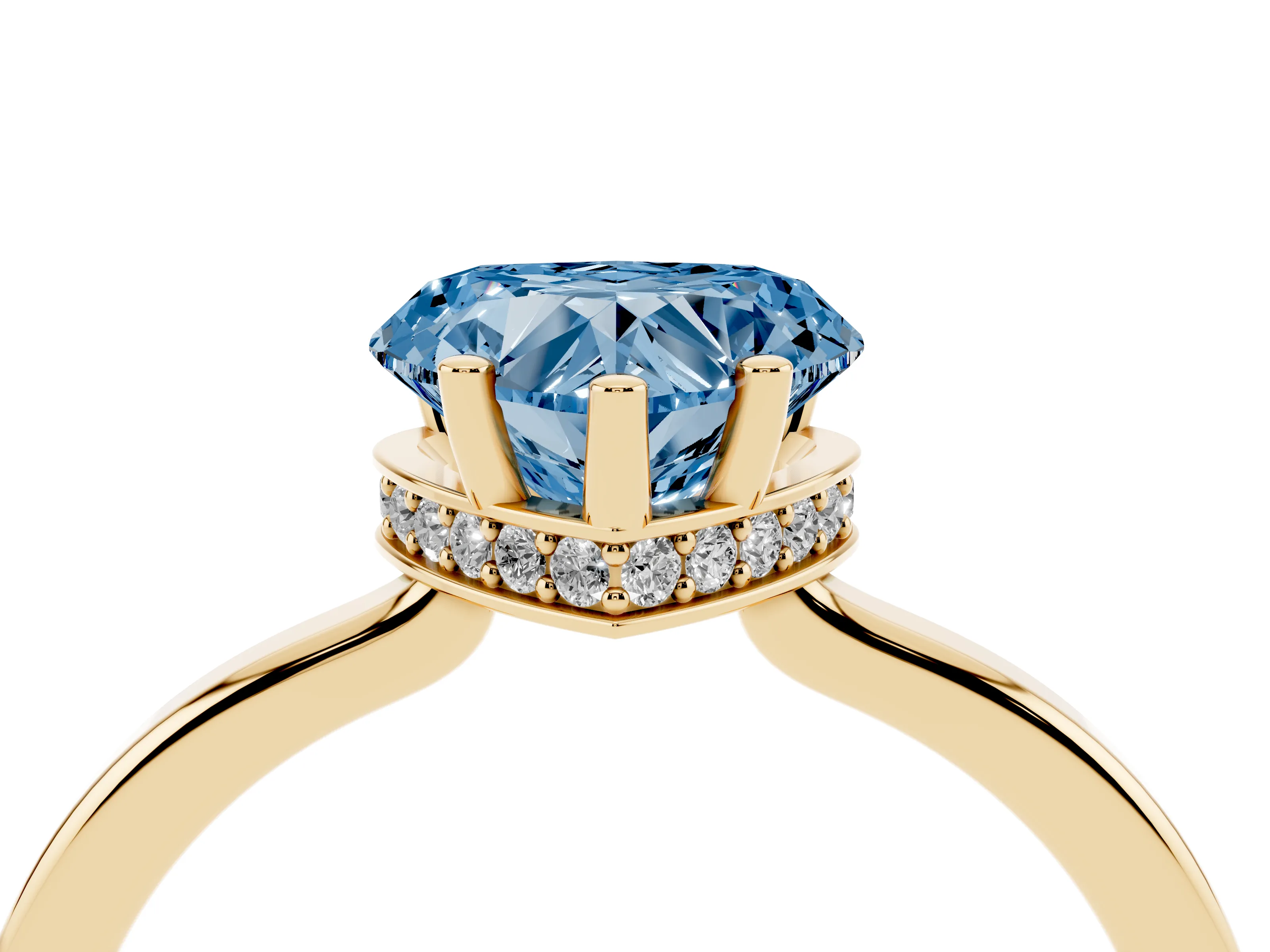 Fancy Blue Heart Cut Diamond Solitaire Engagement Ring Set in Yellow gold with Prong Setting on a Plain Band