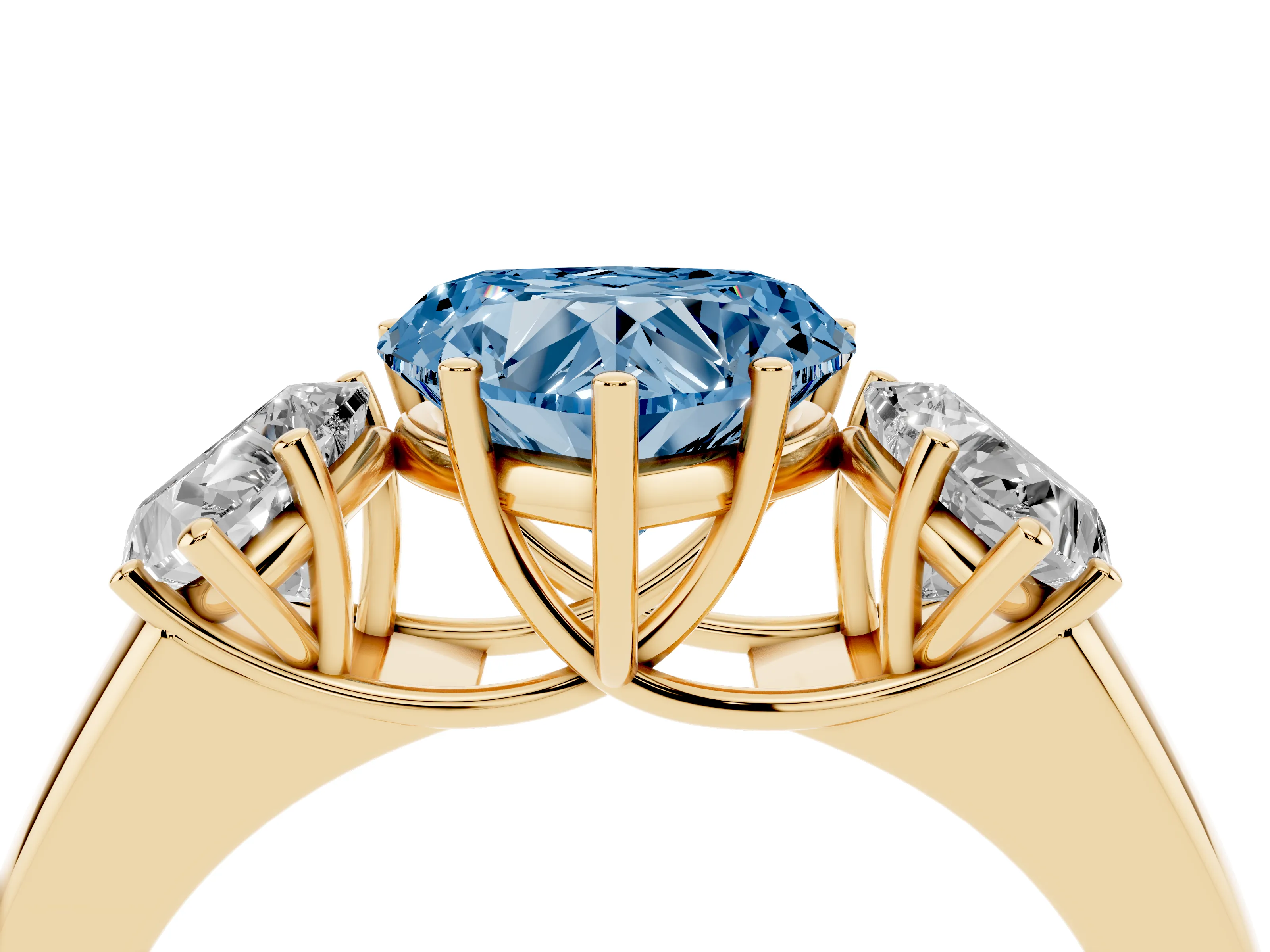 Fancy Blue Three-Stone Heart Cut Diamond Ring Set in Yellow gold with Matching Prong Settings and Plain Band