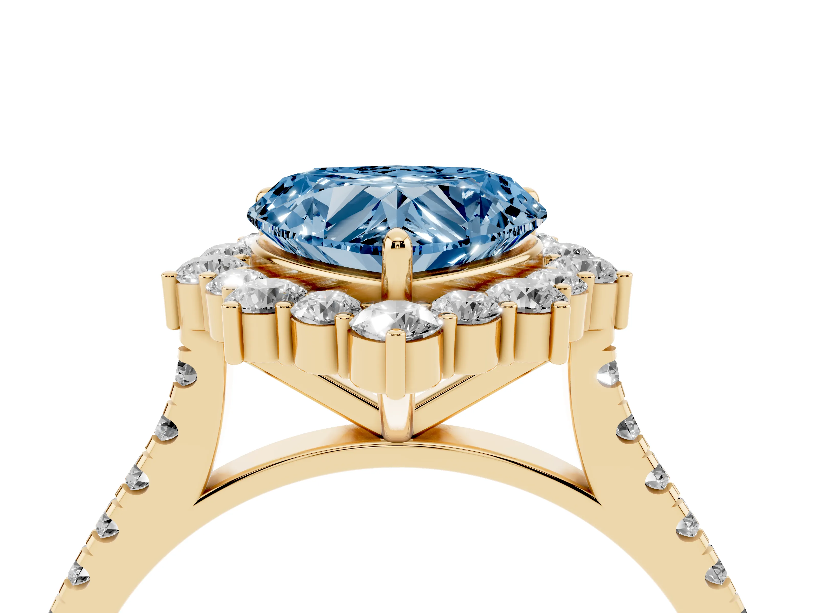 Fancy Blue Heart Cut Diamond Halo Ring Set in Yellow gold with Pavé Band and Prong Setting