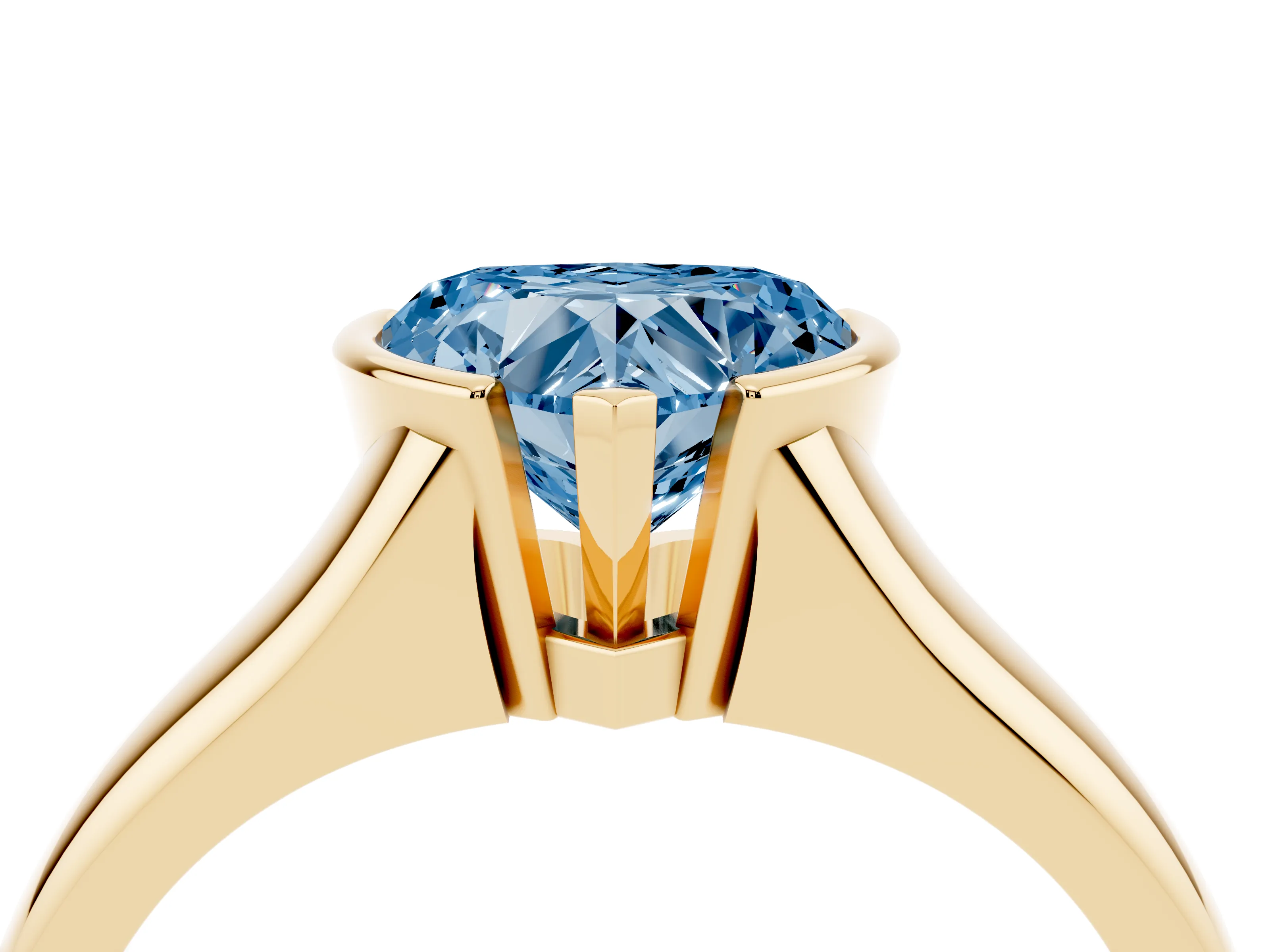Fancy Blue Heart Cut Diamond Solitaire Tension Set Ring Set in Yellow gold with Split Shank Band