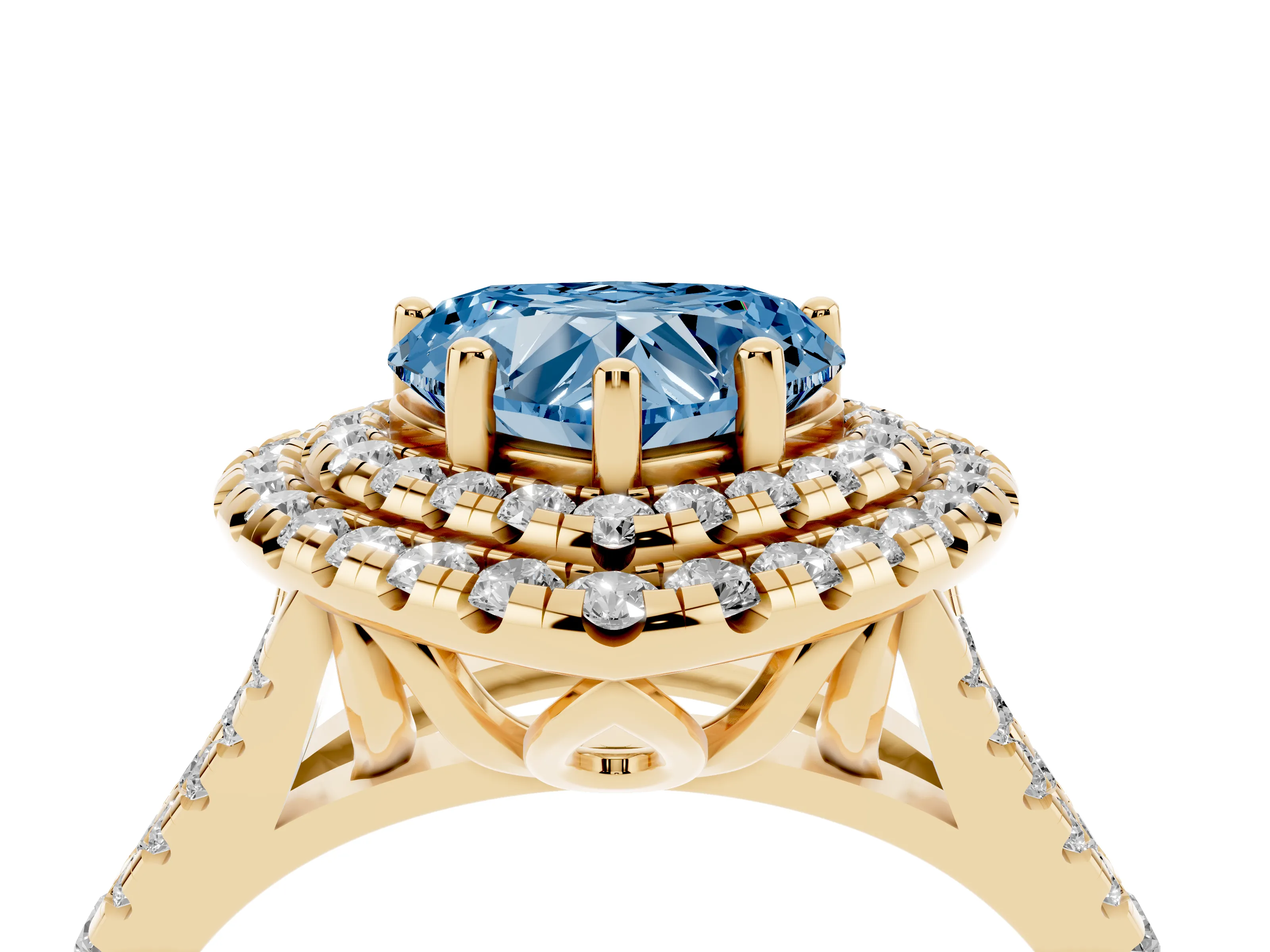 Fancy Blue Heart Cut Diamond Double Halo Ring Set in Yellow gold with Pavé Split Shank and Prong Setting