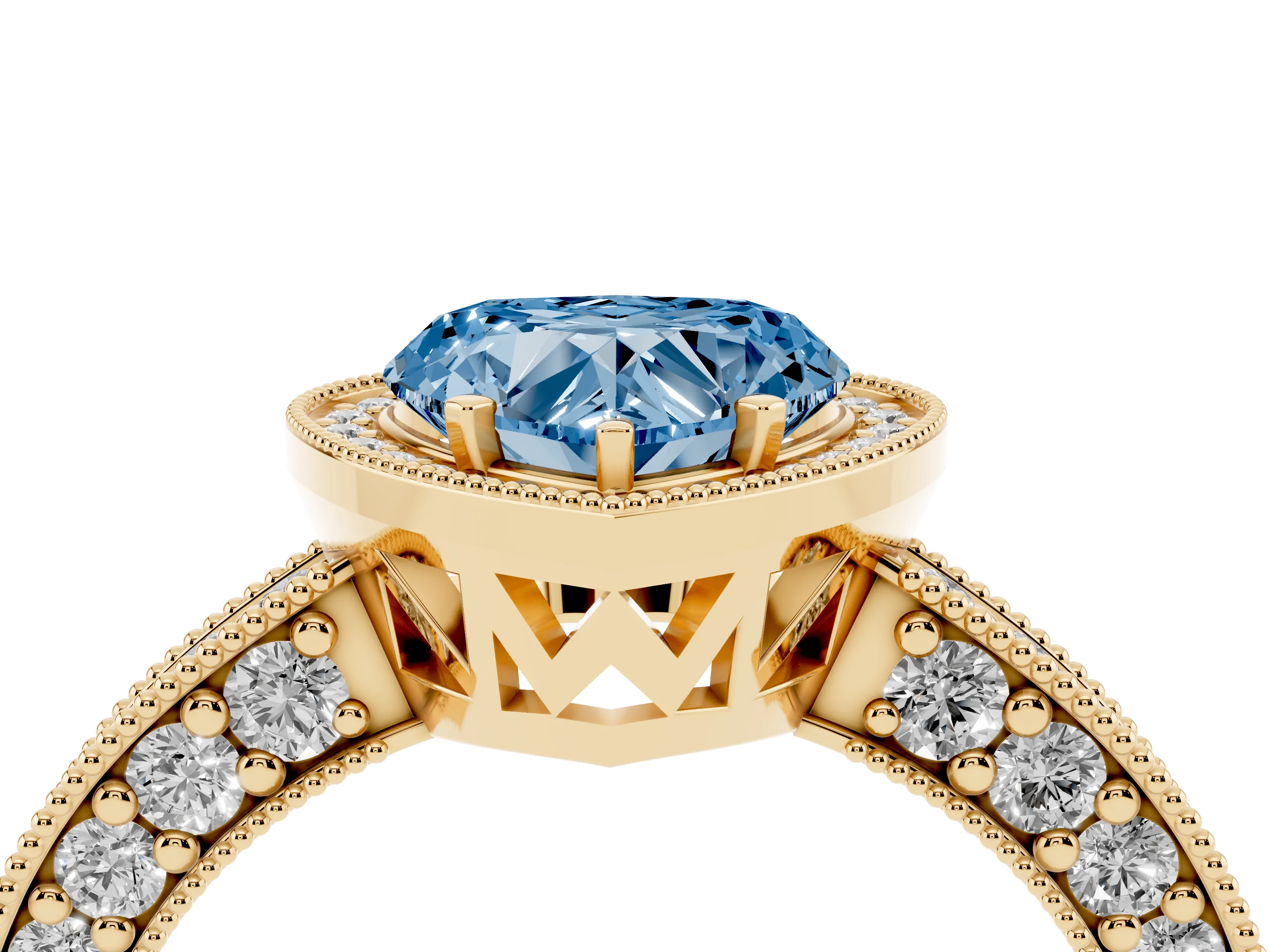 Fancy Blue Heart Cut Diamond Halo Pavé Band Ring Set in Yellow gold with Prong-Set Center