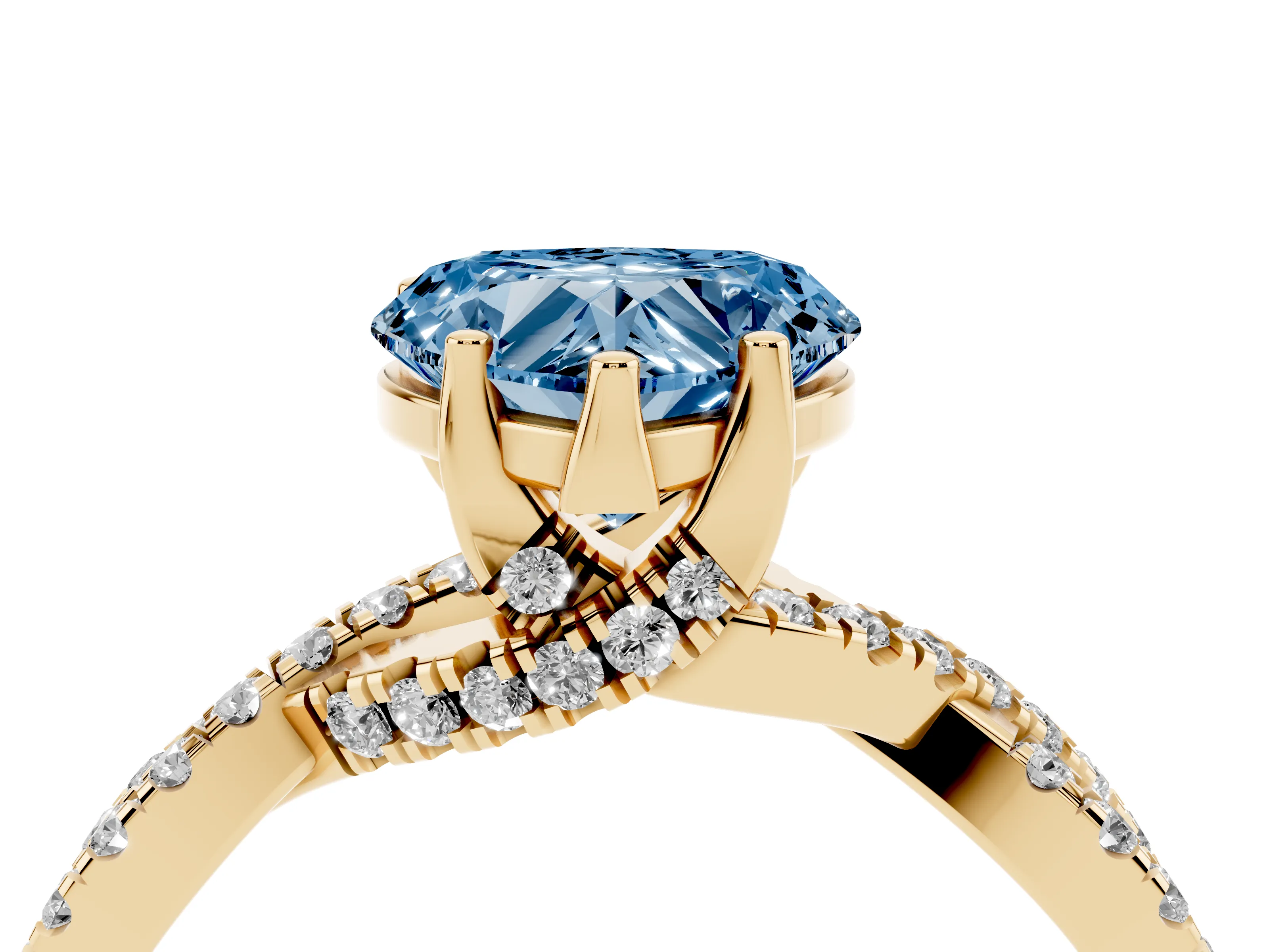 Fancy Blue Heart Cut Diamond Twist Pavé Solitaire Engagement Ring Set in Yellow gold with Prong Setting