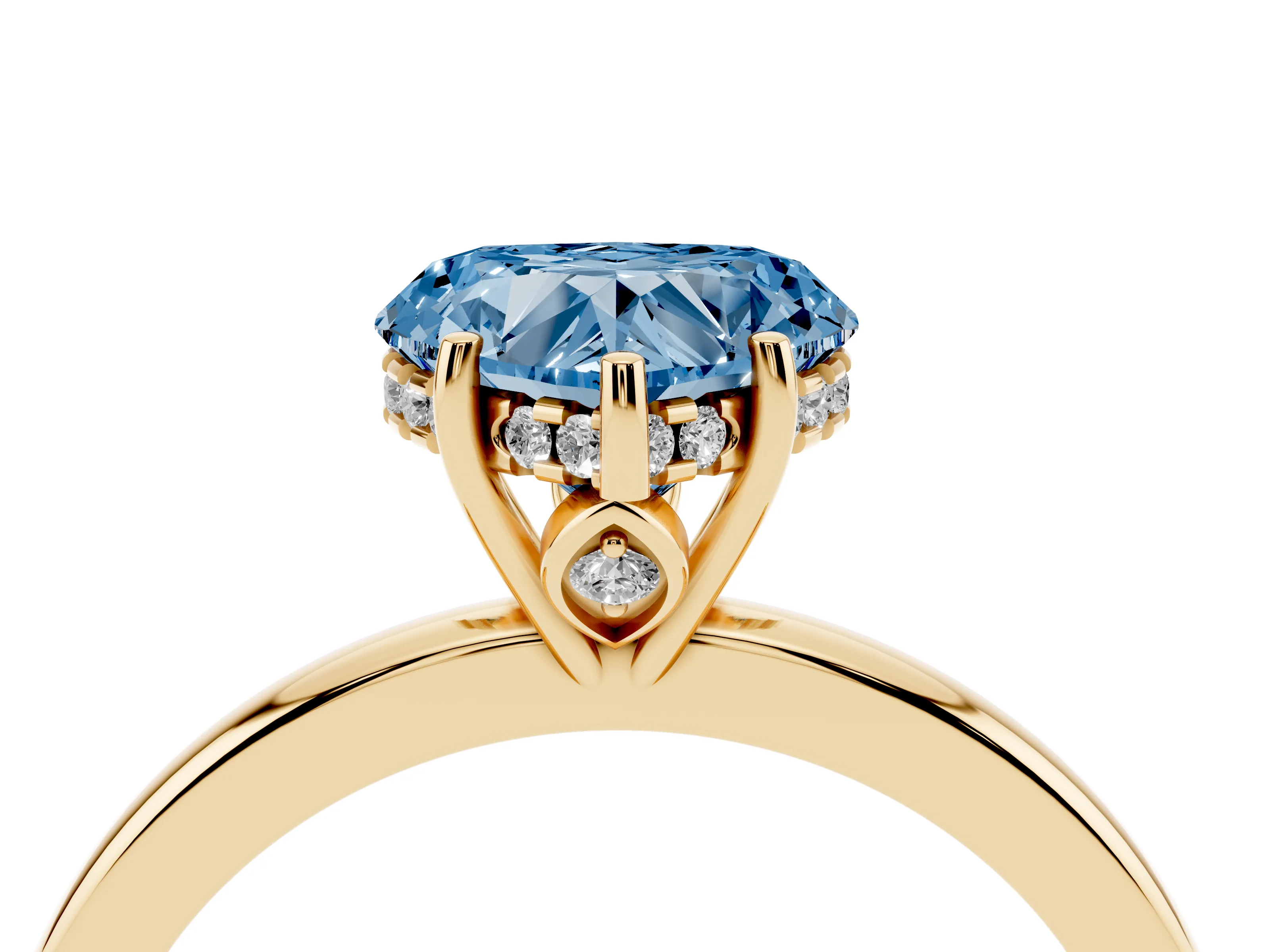 Fancy Blue Heart Cut Diamond Solitaire Ring Set in Yellow gold with Plain Band and Prong Setting