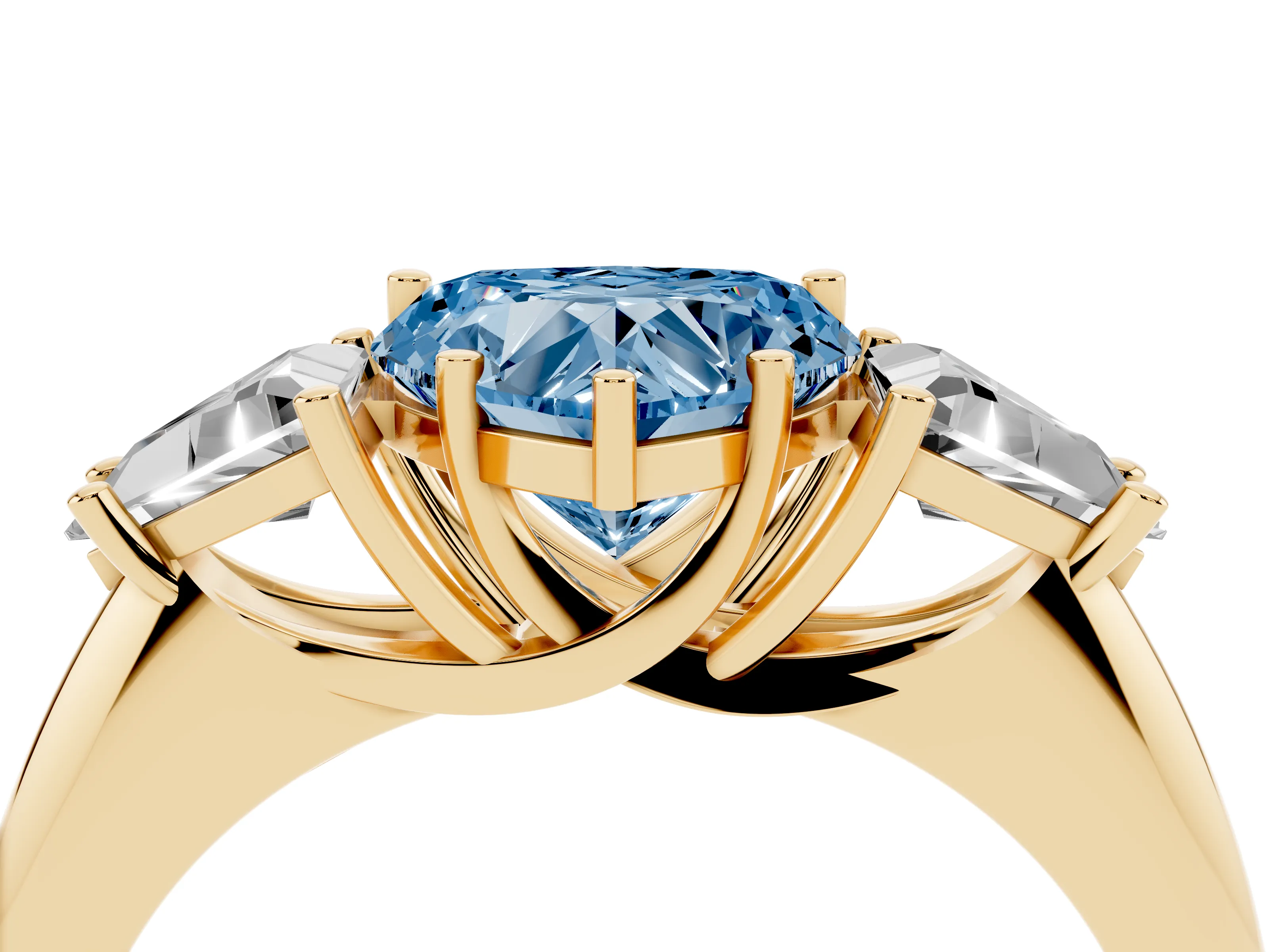 Fancy Blue Heart Cut Diamond Three-Stone Engagement Ring Set in Yellow gold with Trillion Side Stones