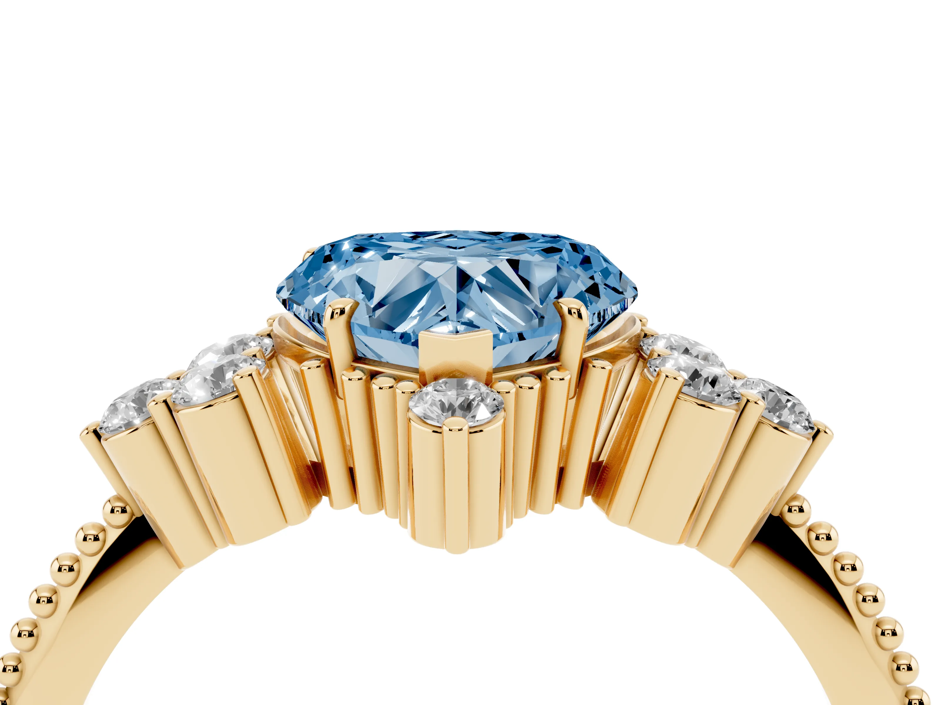 Fancy Blue Heart Cut Diamond Cluster Ring Set in Yellow gold with Beaded Band