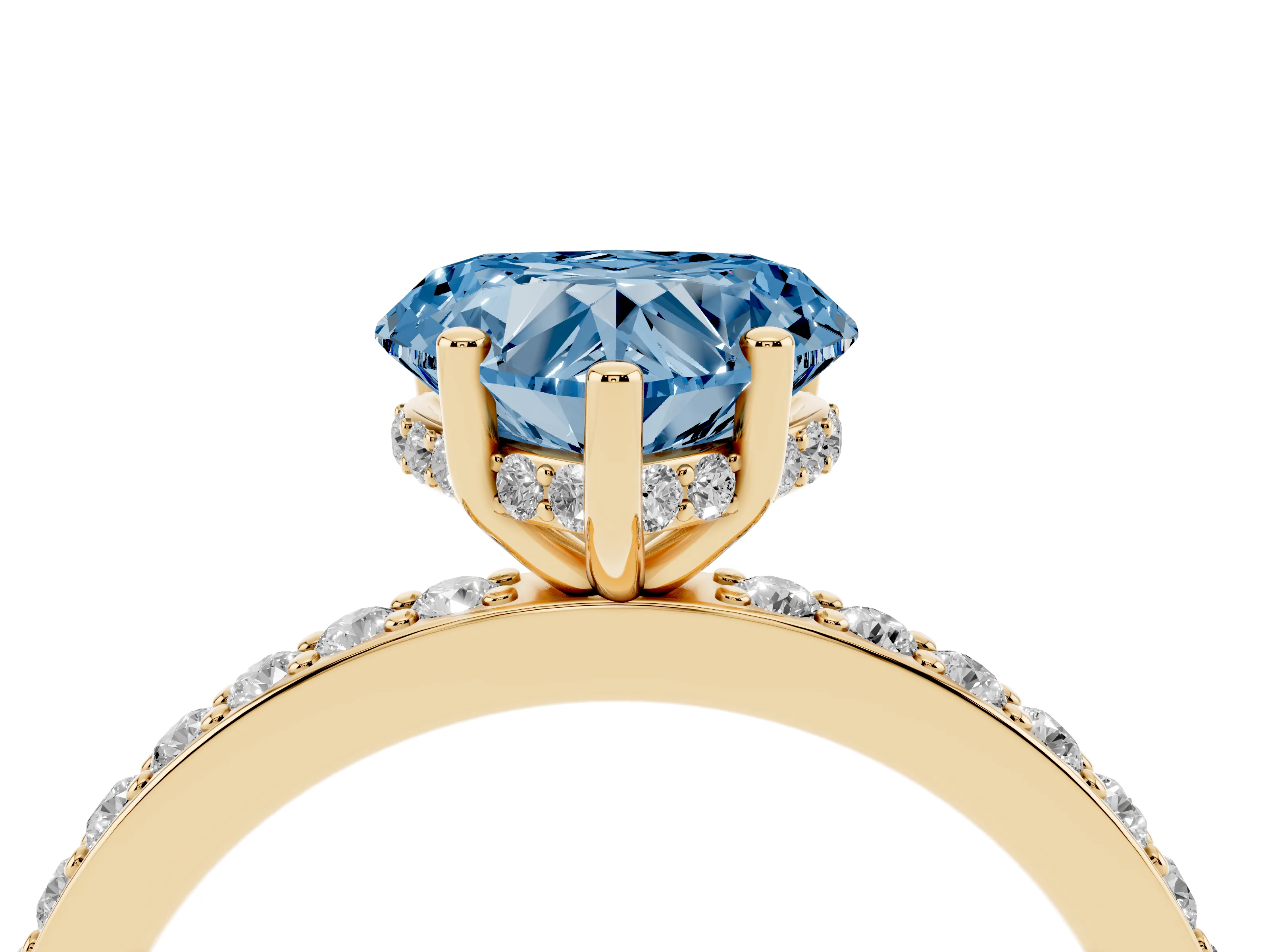 Fancy Blue Heart Cut Diamond Pavé Band Ring Set in Yellow gold with Prong-Set Center Stone