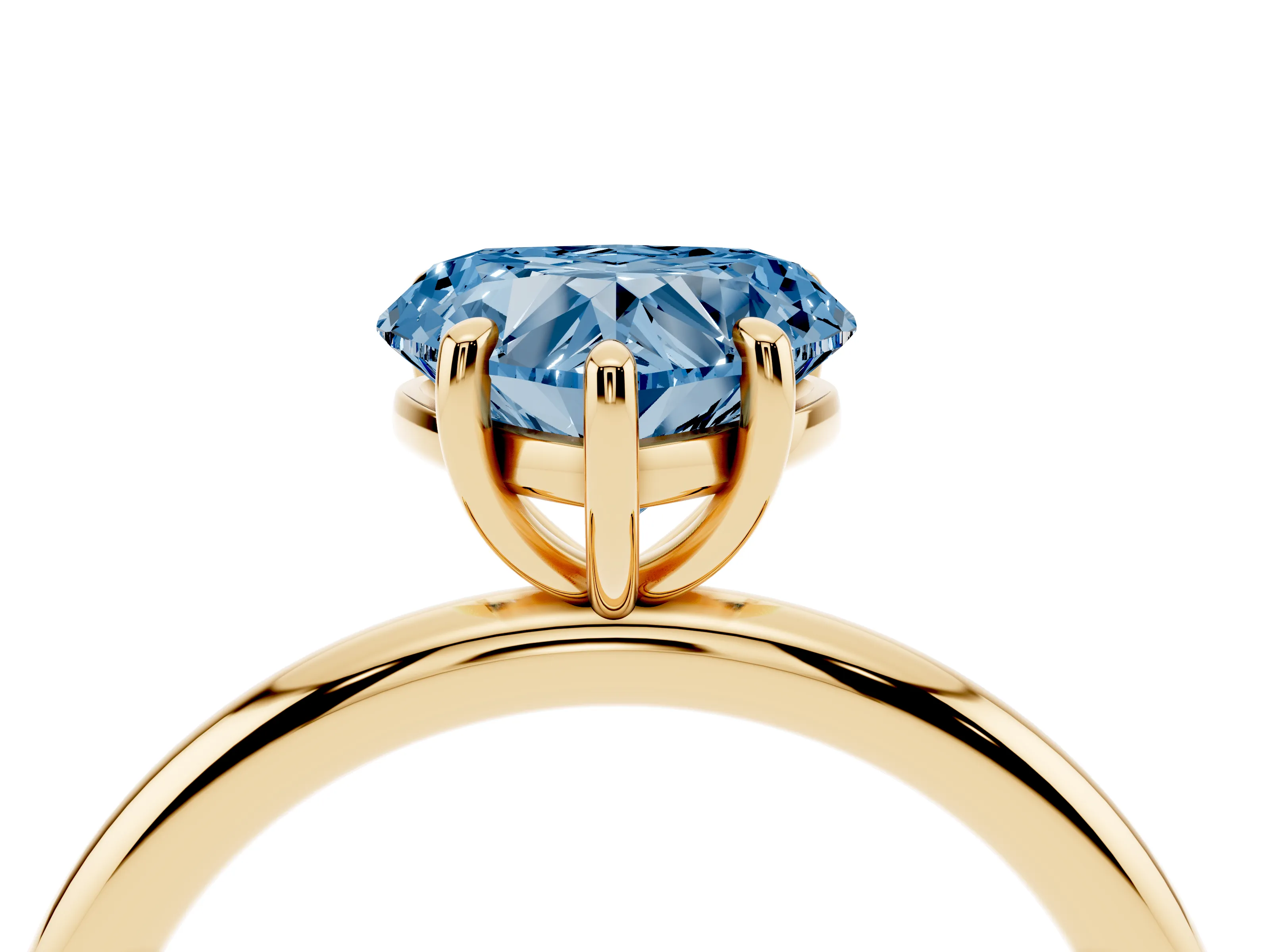 Fancy Blue Heart Cut Diamond Solitaire Ring Set in Yellow gold with Prong Setting on a Polished Plain Band