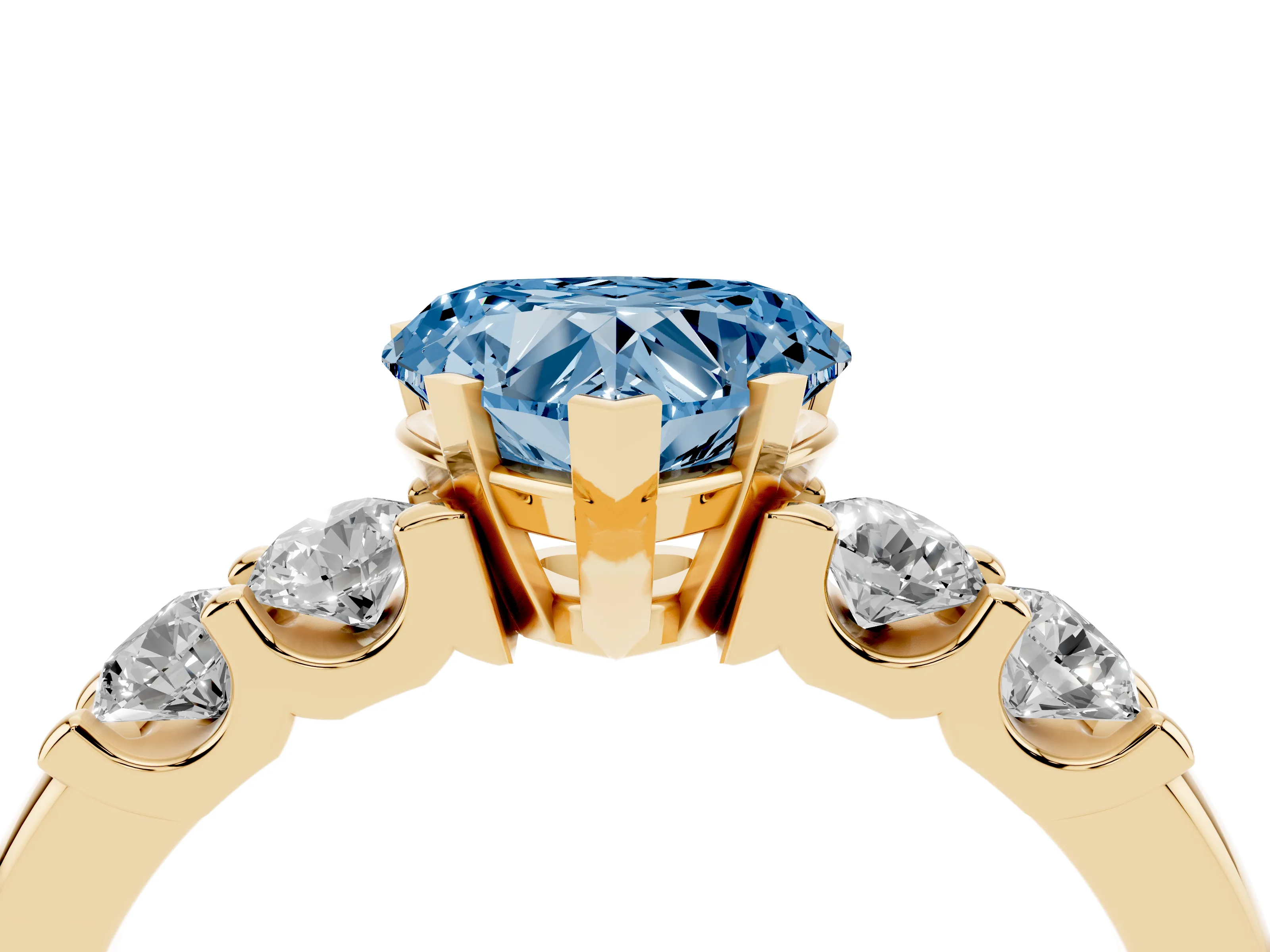 Fancy Blue Heart Cut Diamond Five-Stone Prong Set Engagement Ring Set in Yellow gold with Channel Band